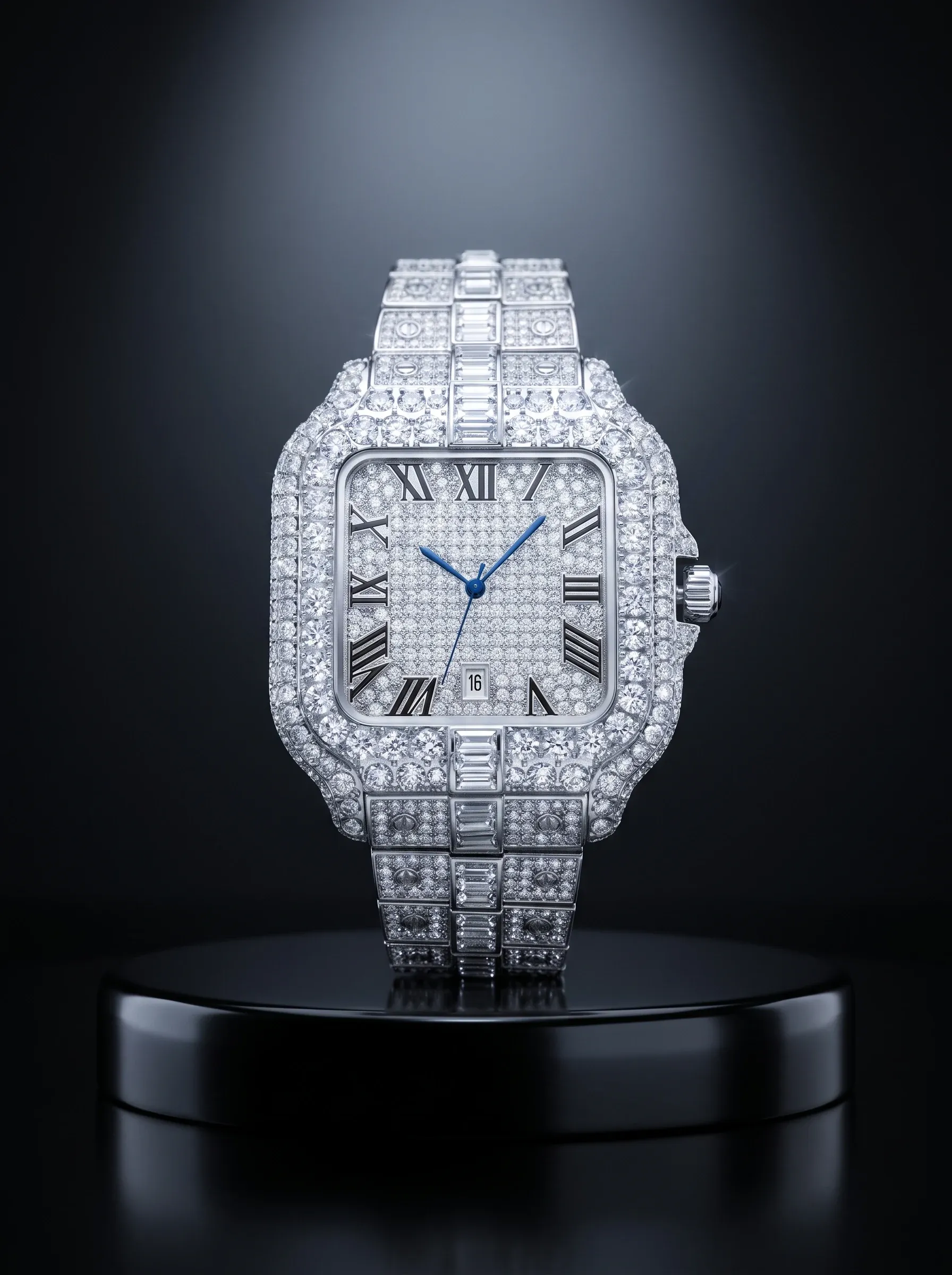 Fully stone-set square watch standing on a black pedestal, every facet returning light against a dark backdrop
