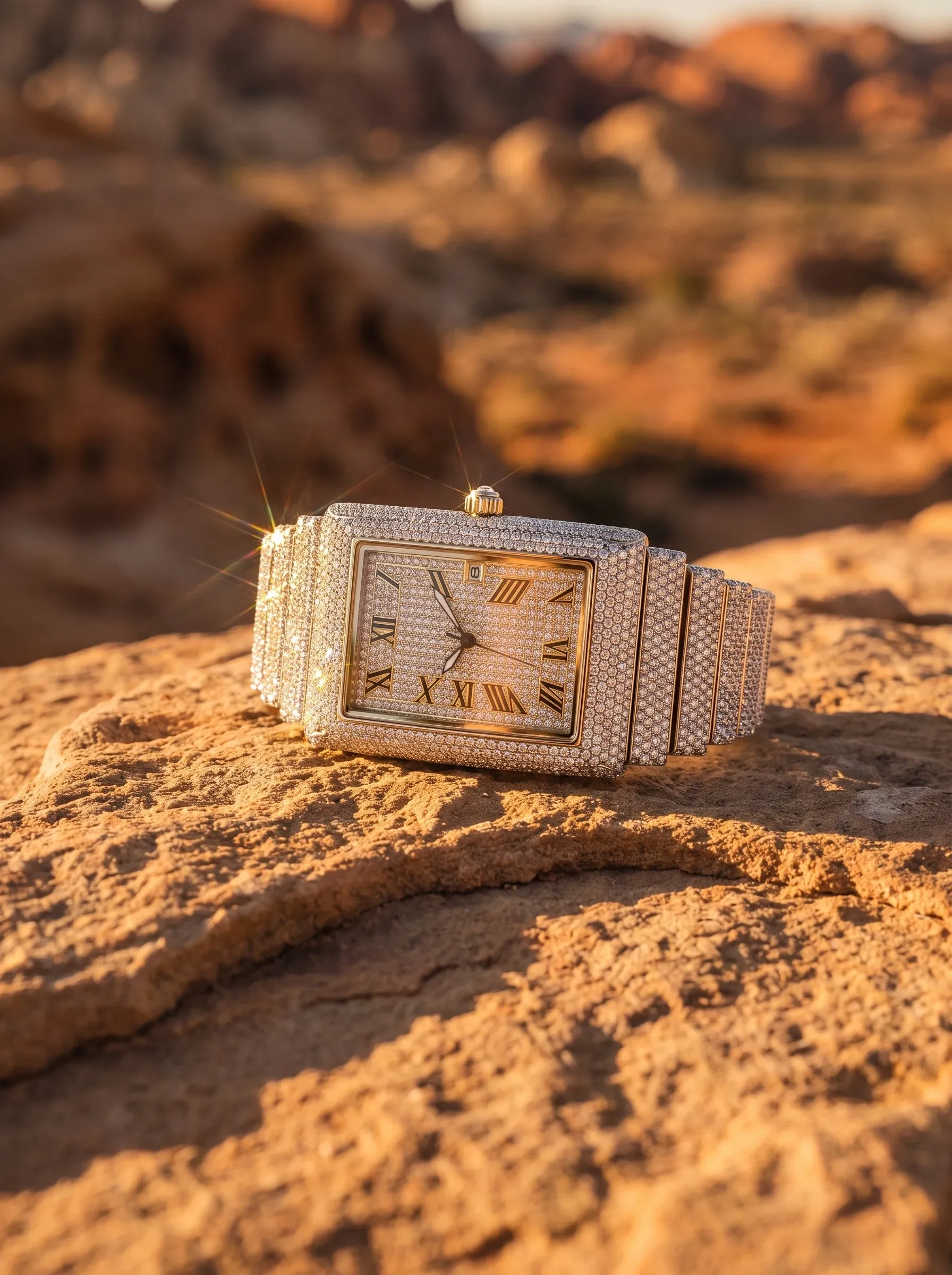 Art deco style pavé-set watch catching golden sunlight on red desert rock