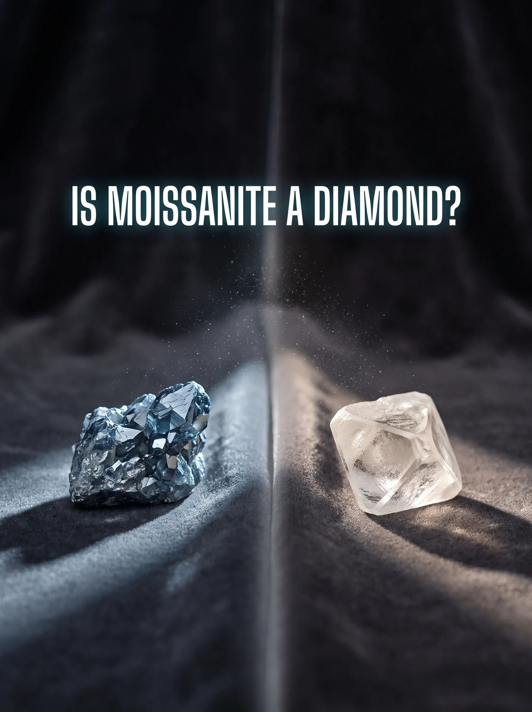 Rough moissanite crystal and rough diamond octahedron side by side on grey velvet under split lighting