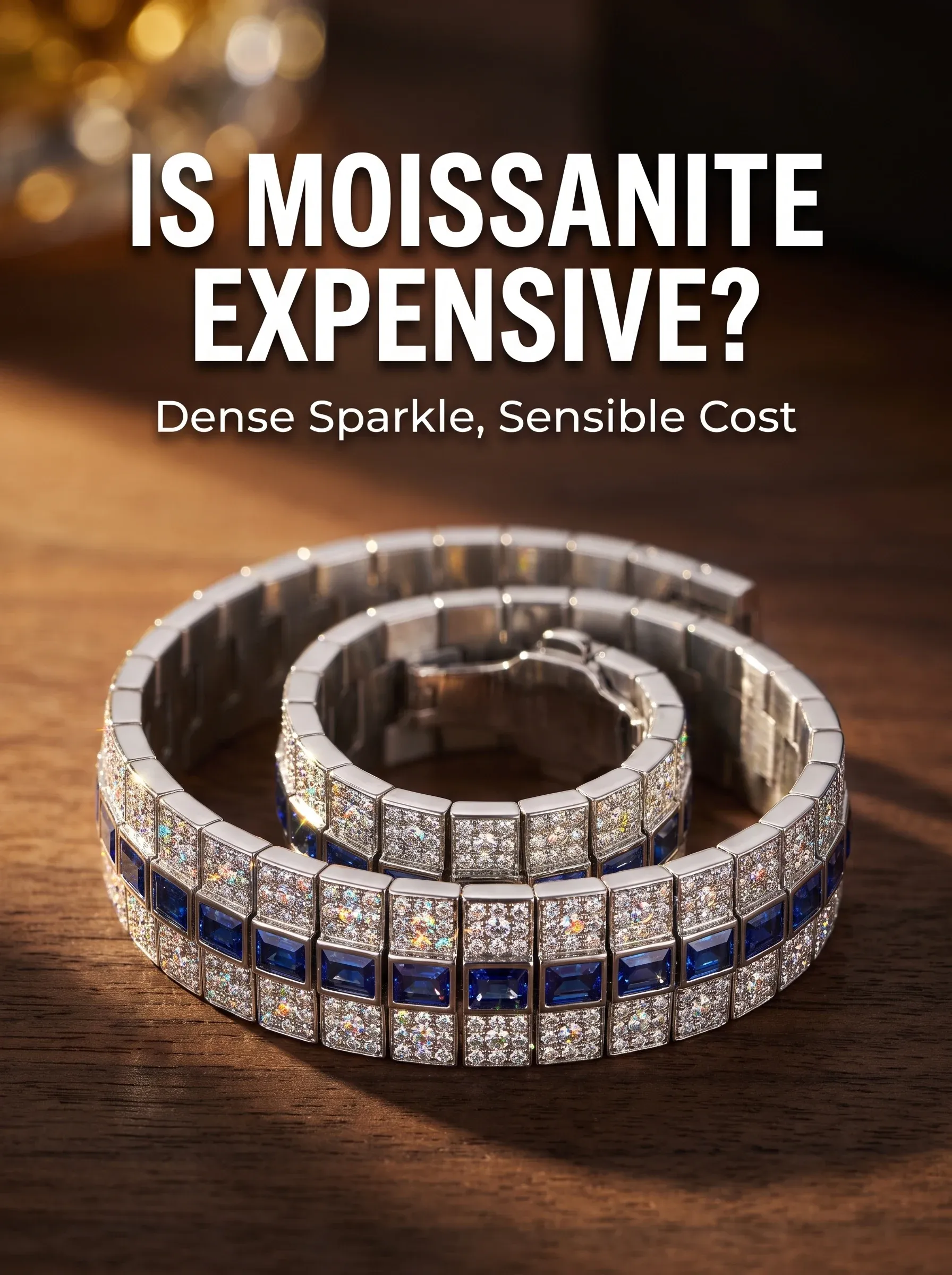 Stone-set watch bracelet with sapphire baguettes coiled on a wooden table in warm light