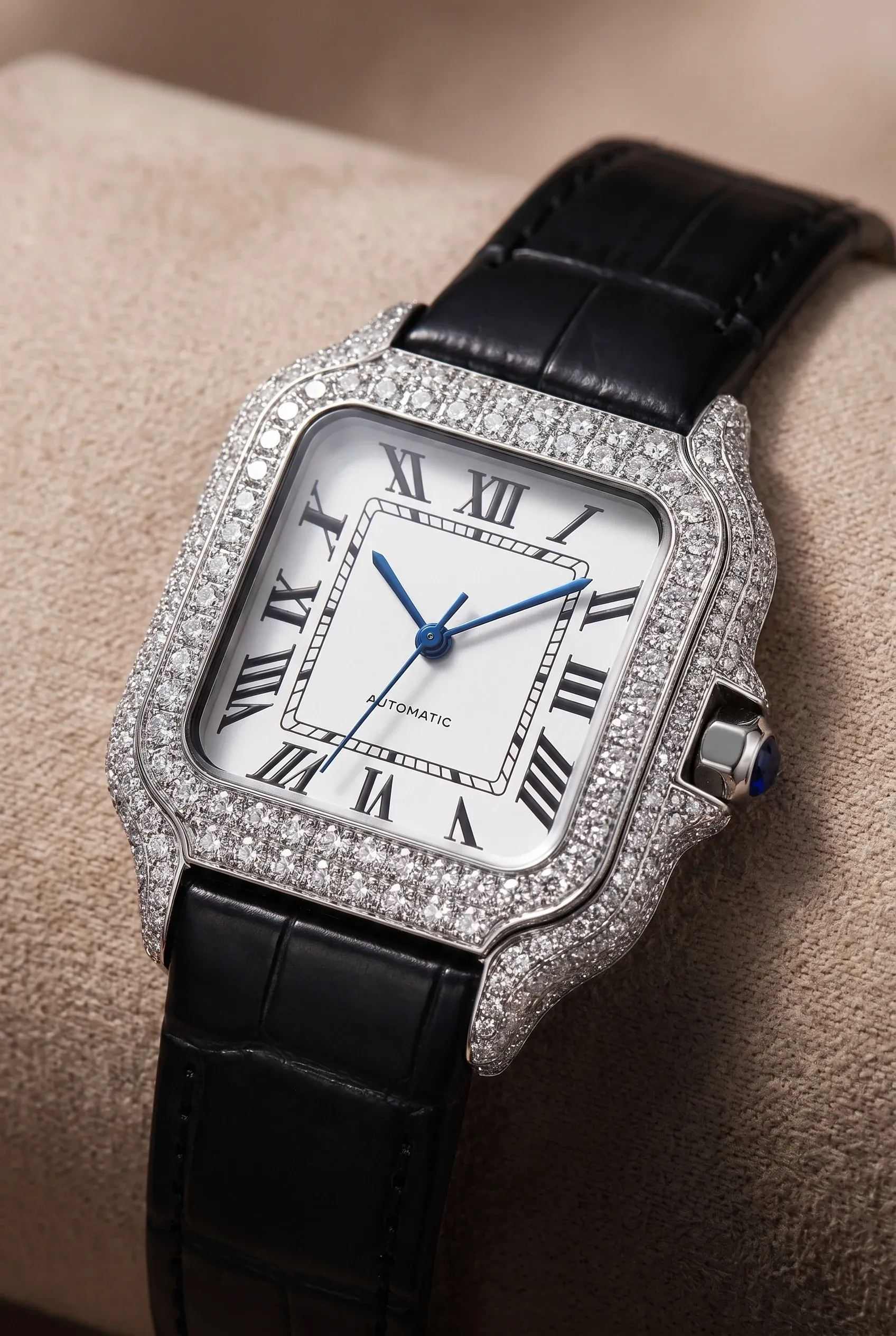 Square women’s stone-set watch on a beige surface with bright bezel stones and a clean dressy look.