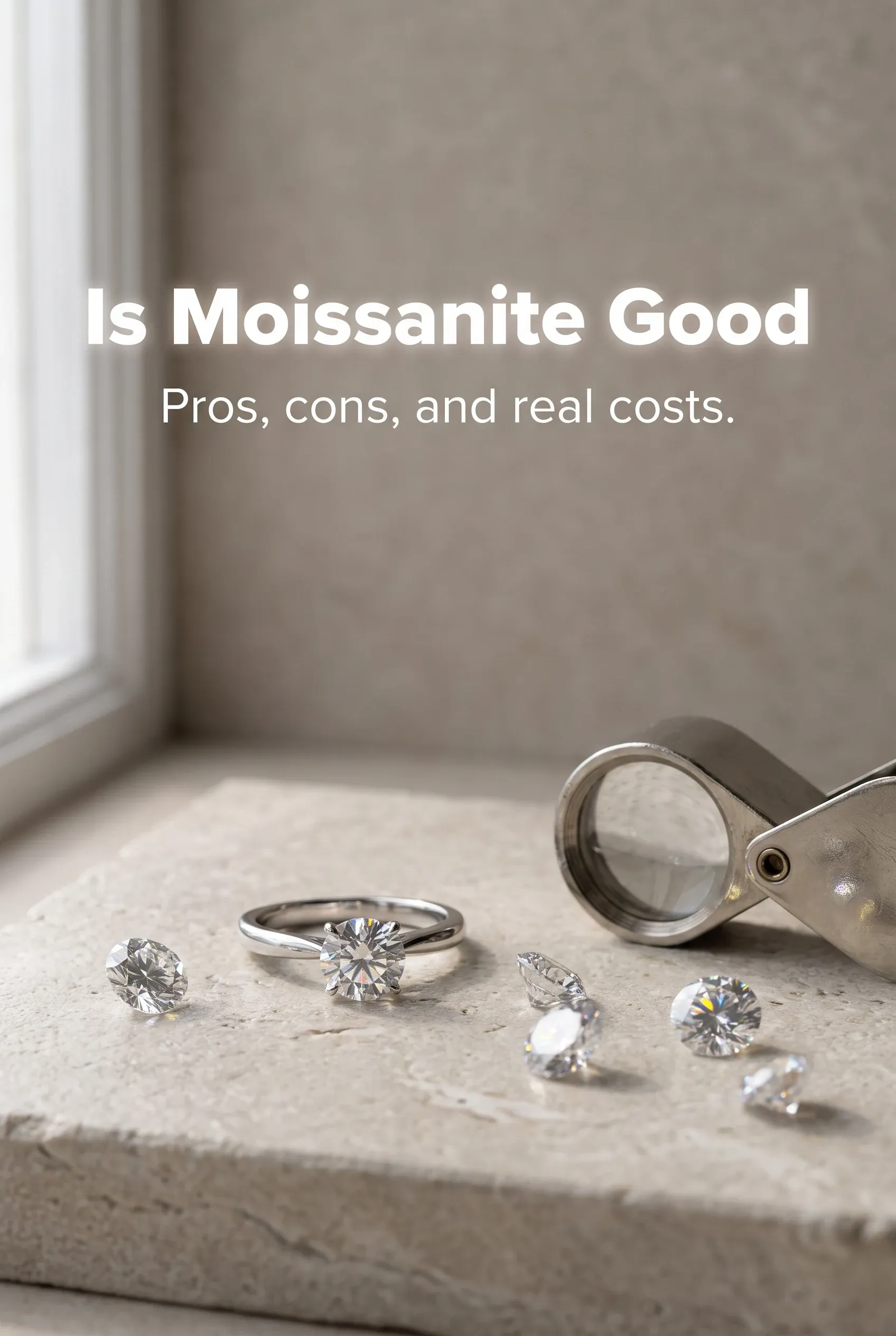 Hero graphic shows Is Moissanite Good above a moissanite ring, loose stones, and a jeweler’s loupe.