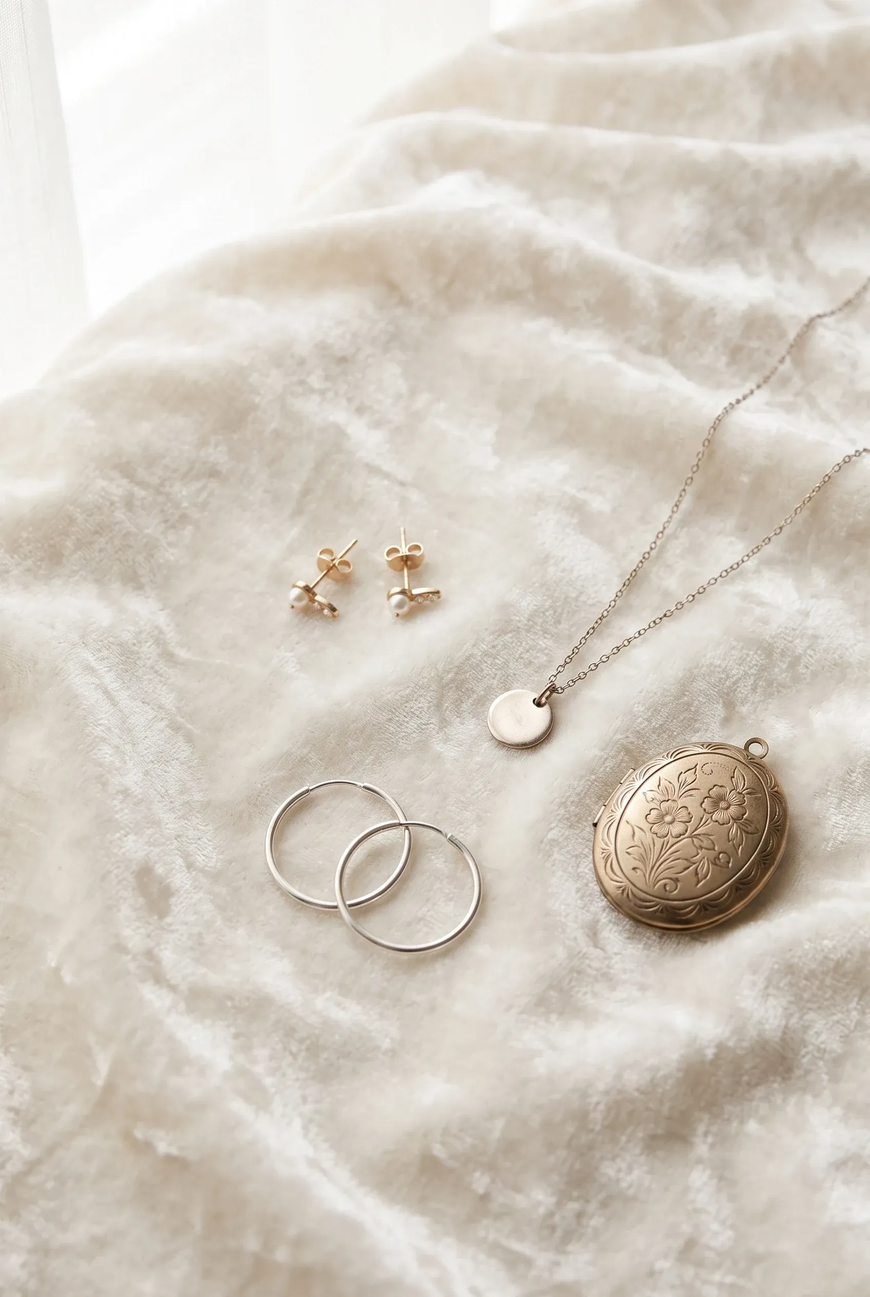 Stud earrings, slim hoops, a pendant necklace and a locket arranged neatly on ivory velvet.