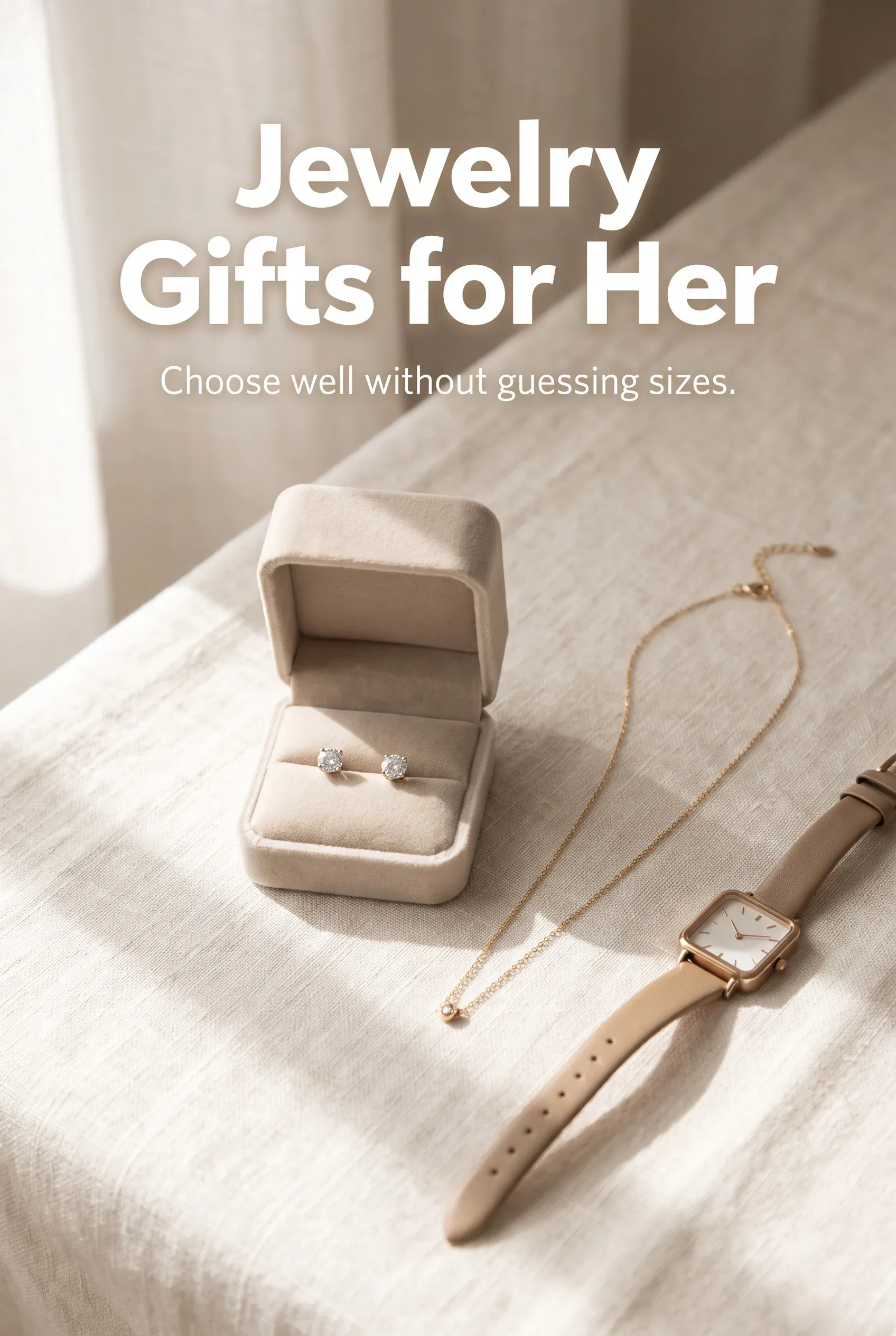 Editorial gift flat lay with Jewelry Gifts for Her headline above earrings, necklace and a small watch.