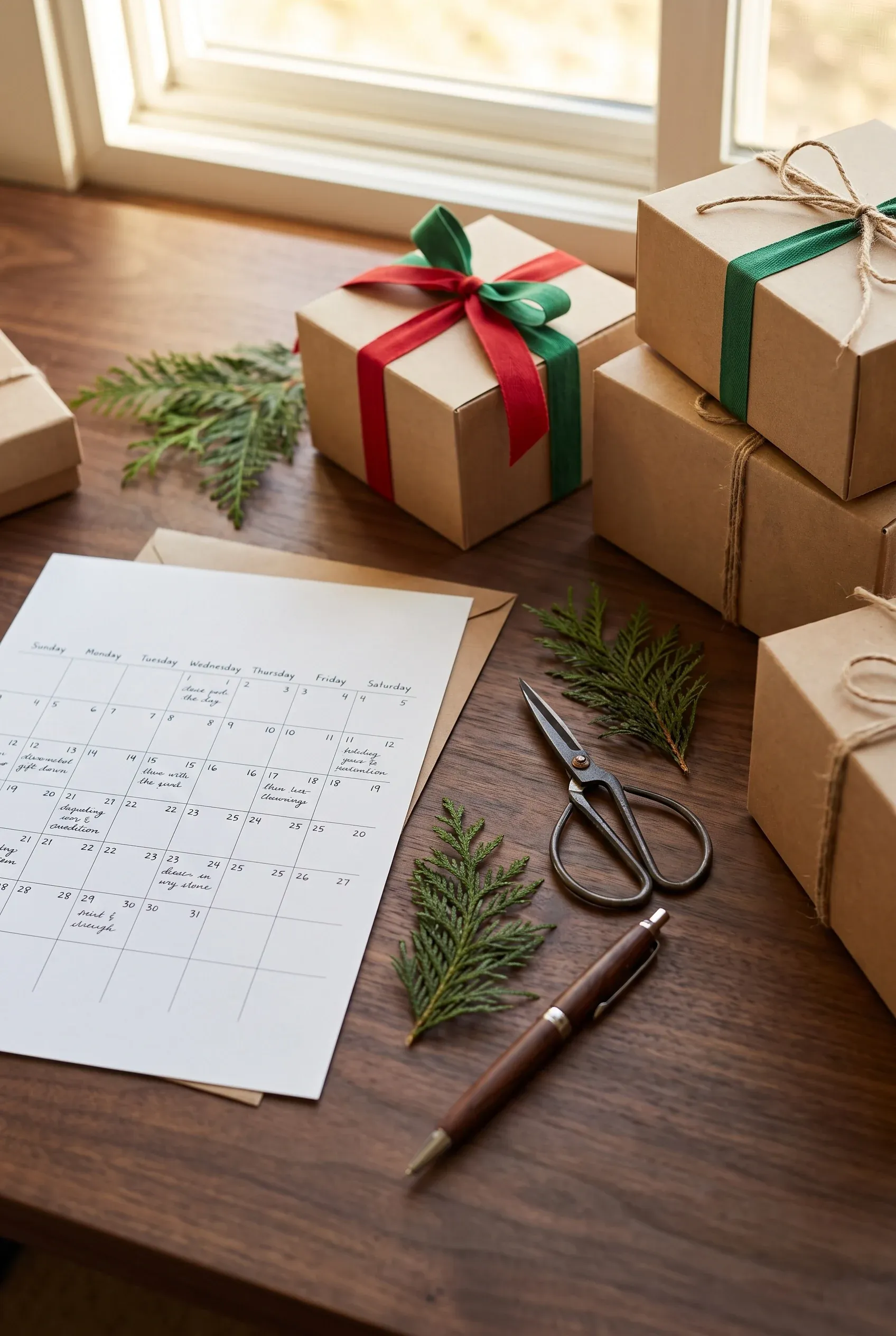 Calendar, gift boxes, ribbon, and shipping supplies arranged on a warm wood desk for holiday planning.