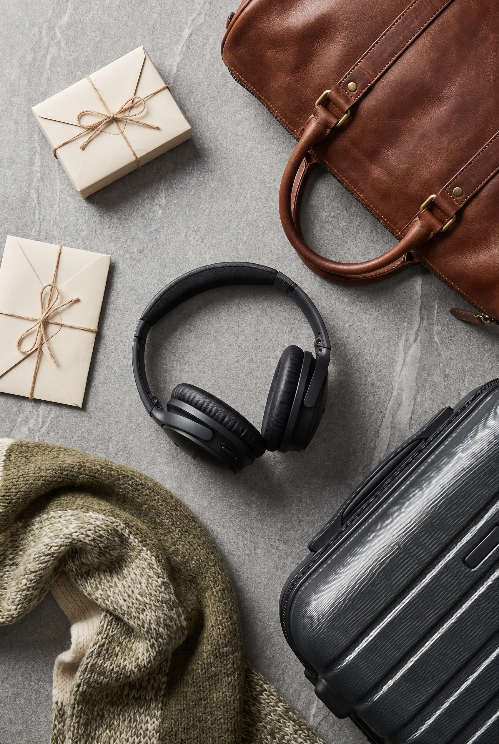 Headphones, leather bag, scarf, and travel gear arranged as polished mid-price holiday gift ideas.