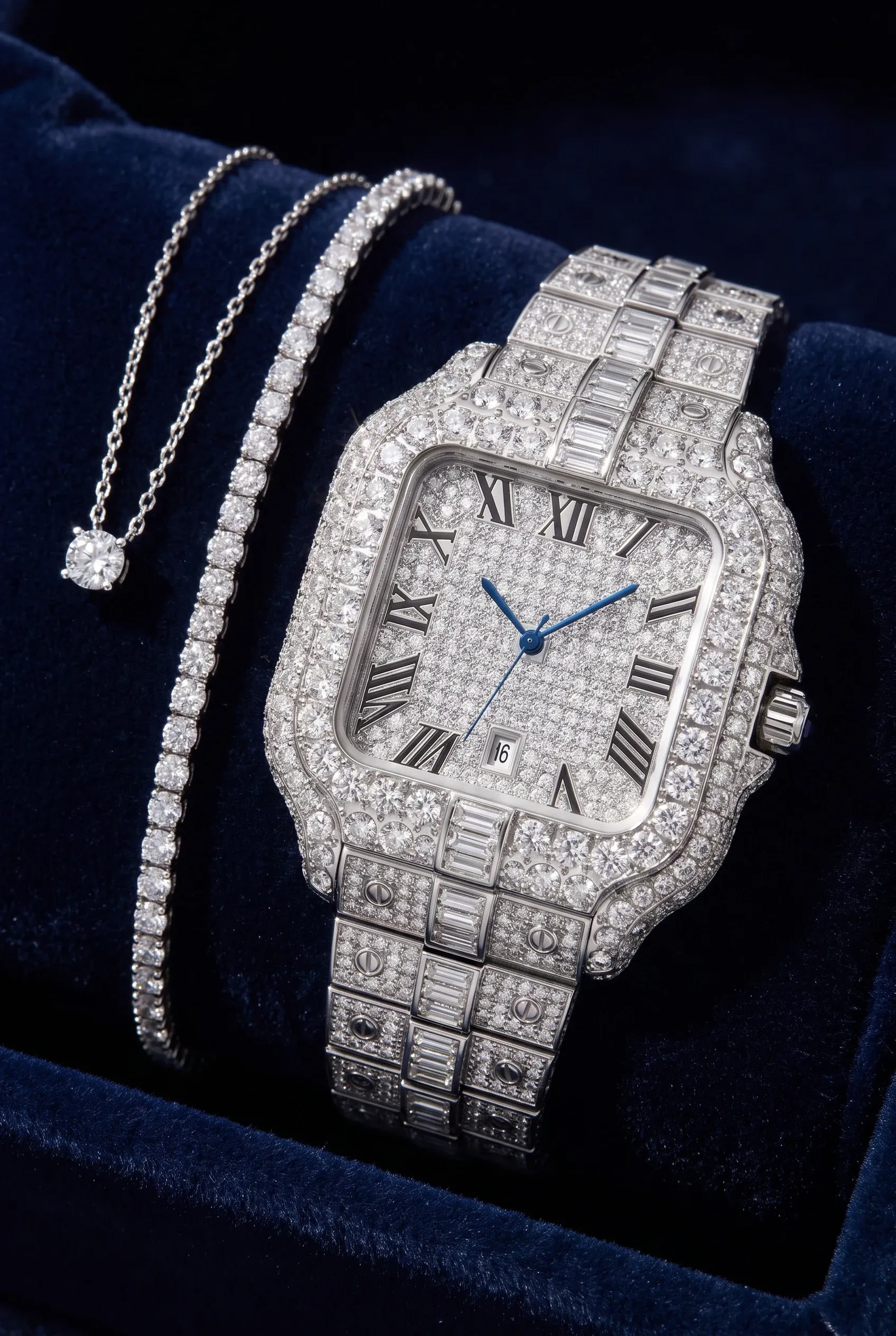 Stone-set watch and simple jewelry styled on dark velvet with crisp light and visible sparkle.