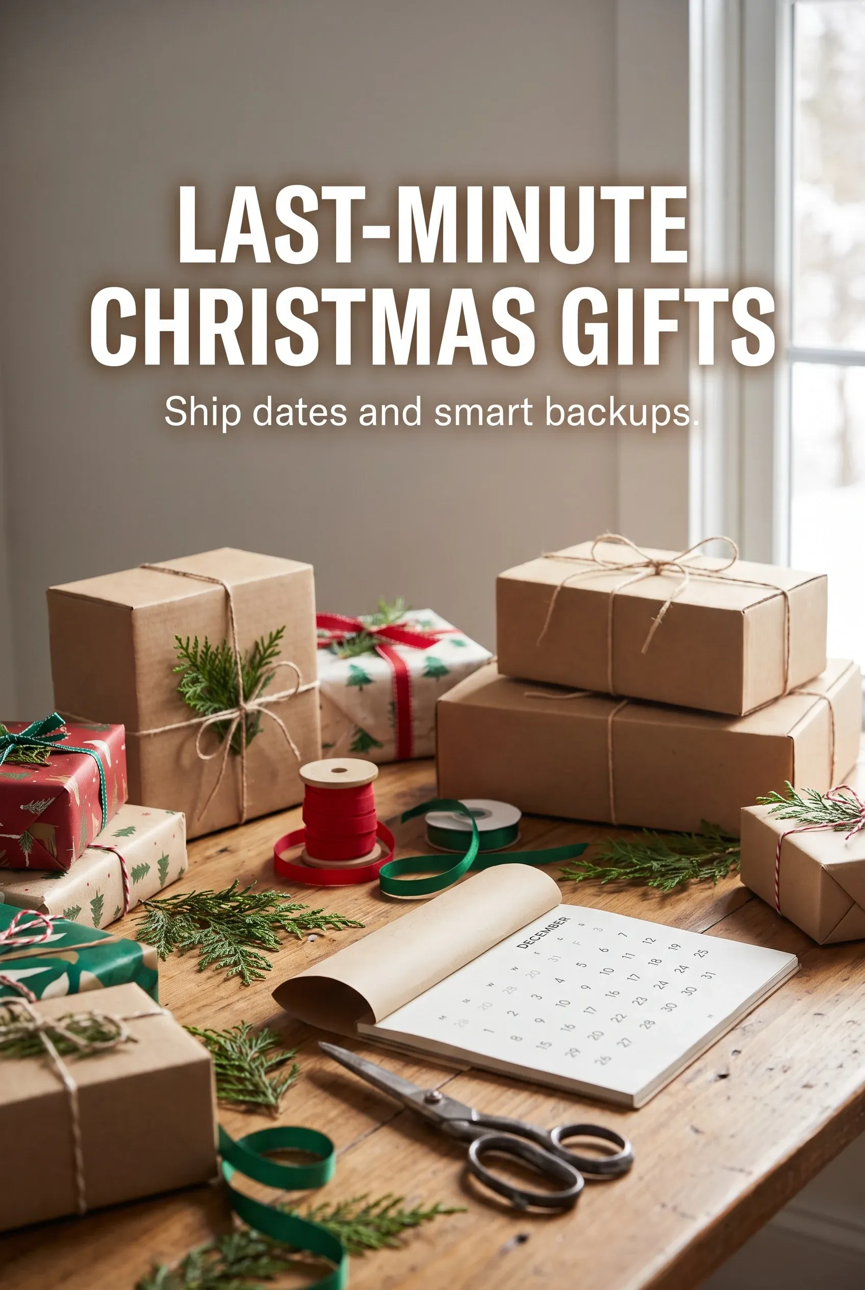 Last-Minute Christmas Gifts headline over wrapped boxes, ribbon, and a holiday shipping desk with open space above.
