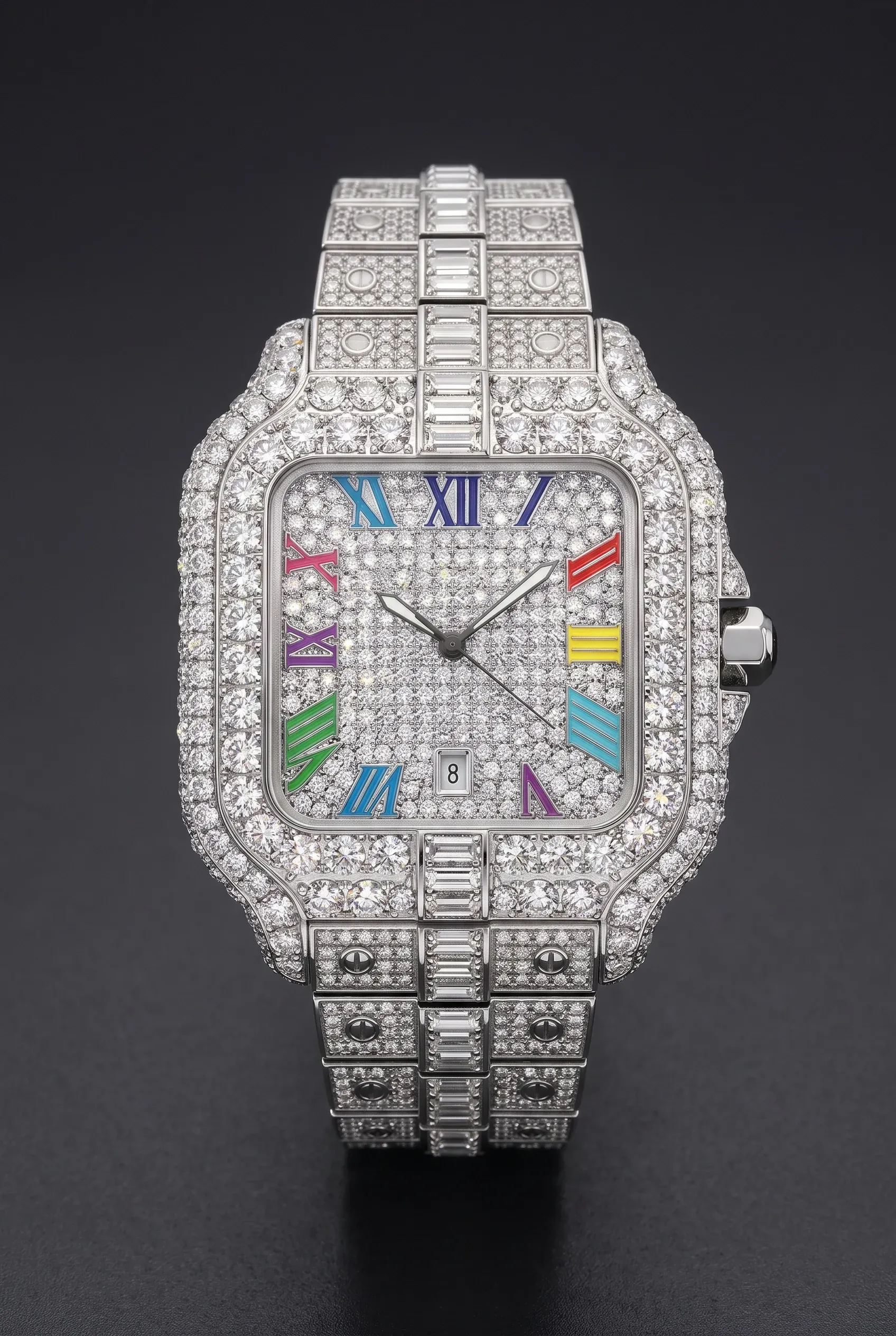 Close-up of a fully set moissanite men’s watch with bright white stones and a dark dial.