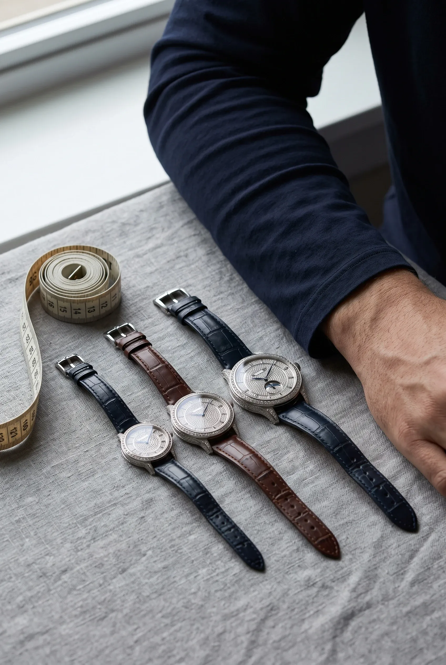 Three stone-set watches shown with a wrist and measuring tape to compare compact and oversized proportions.