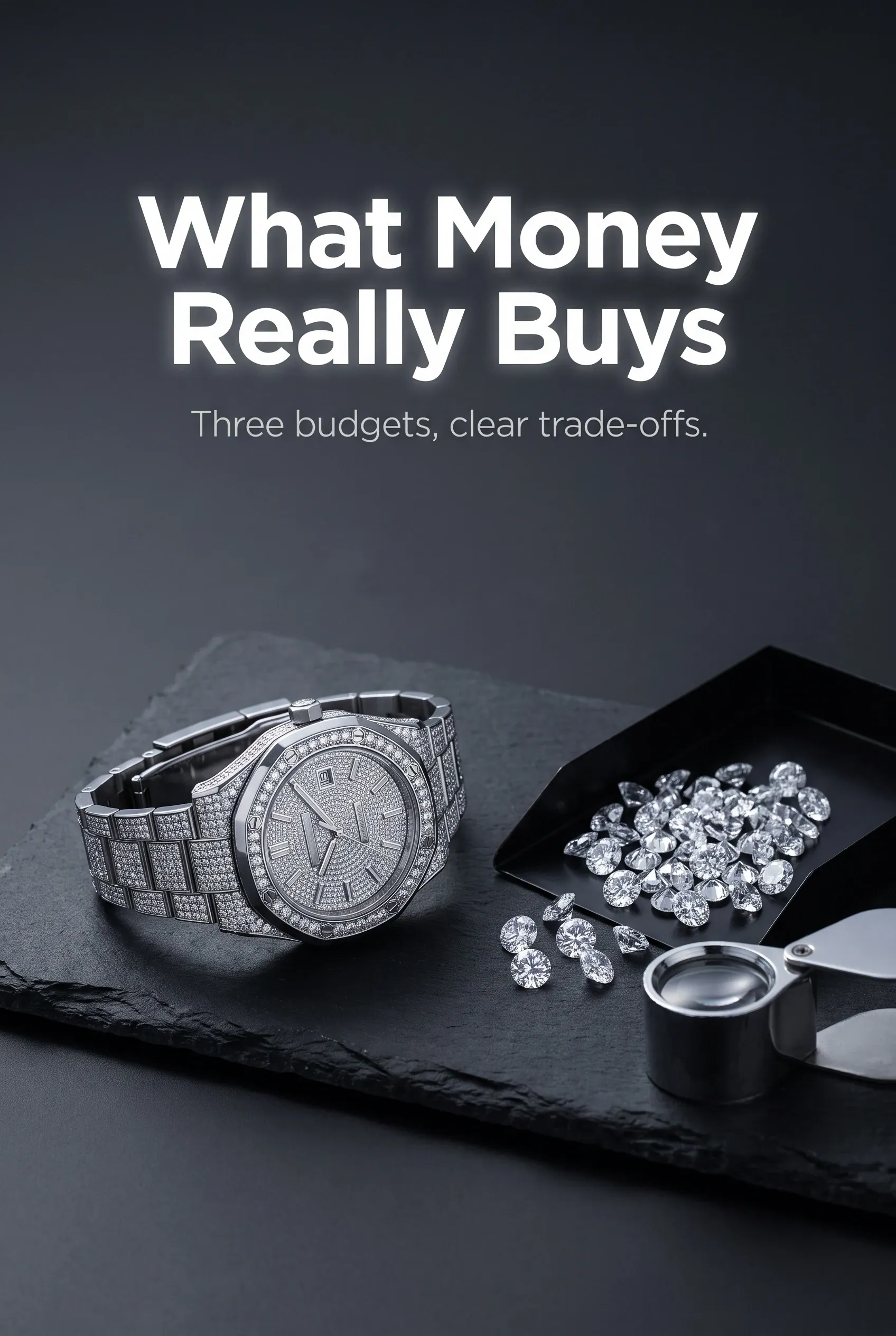 Fully iced men’s watch on a dark studio set with headline What Money Really Buys above it.