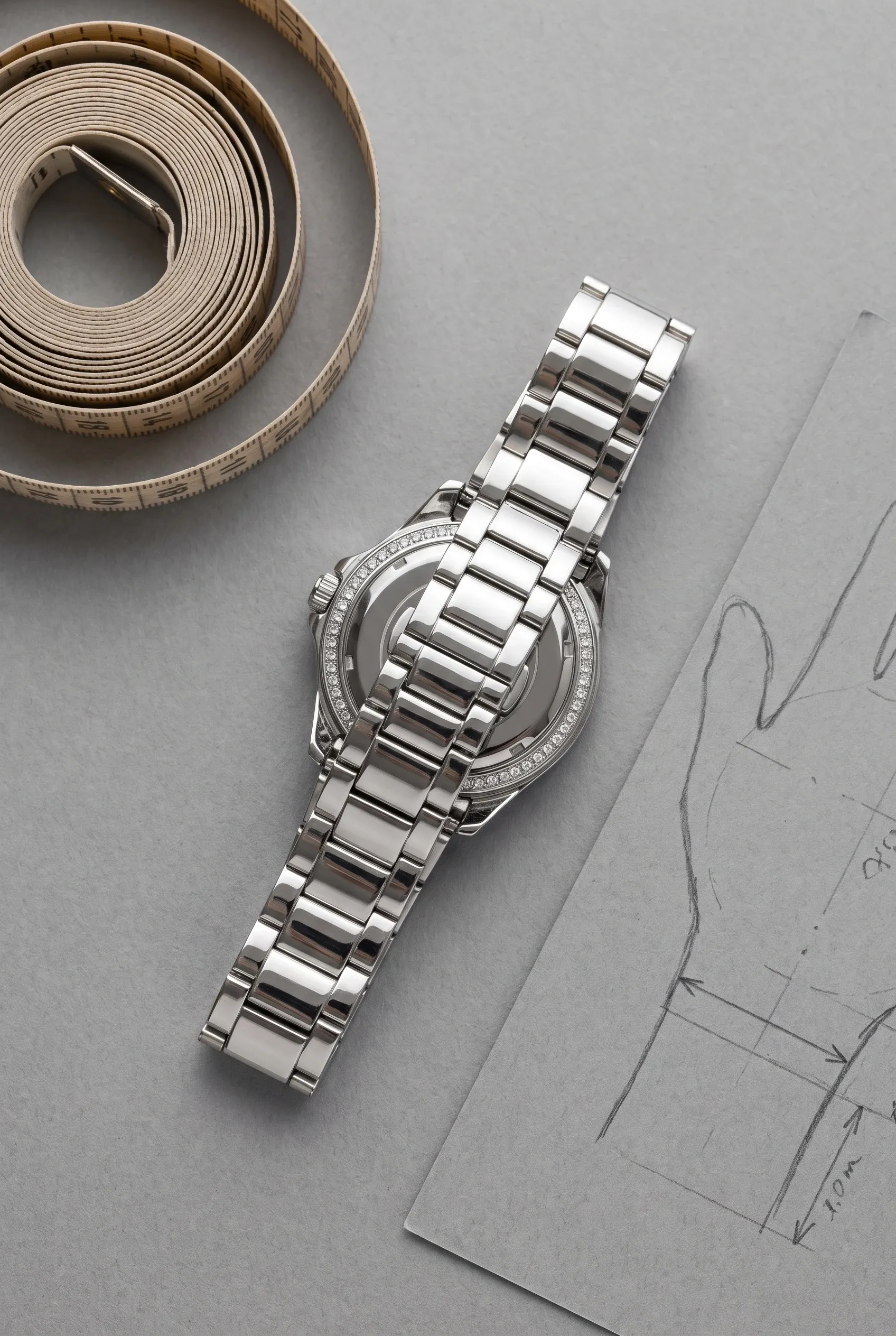 Silver stone-set watch beside a measuring tape, showing how wrist size affects case size choice.