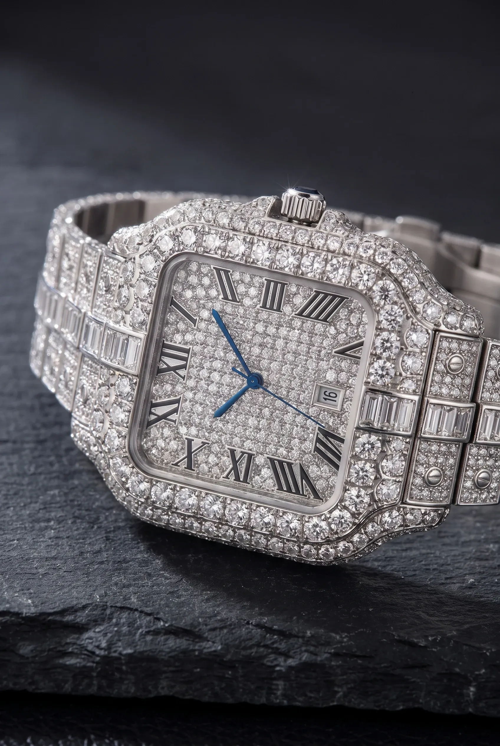 Close-up of a fully iced silver watch showing heavy stone coverage across the bezel, dial, case, and bracelet.