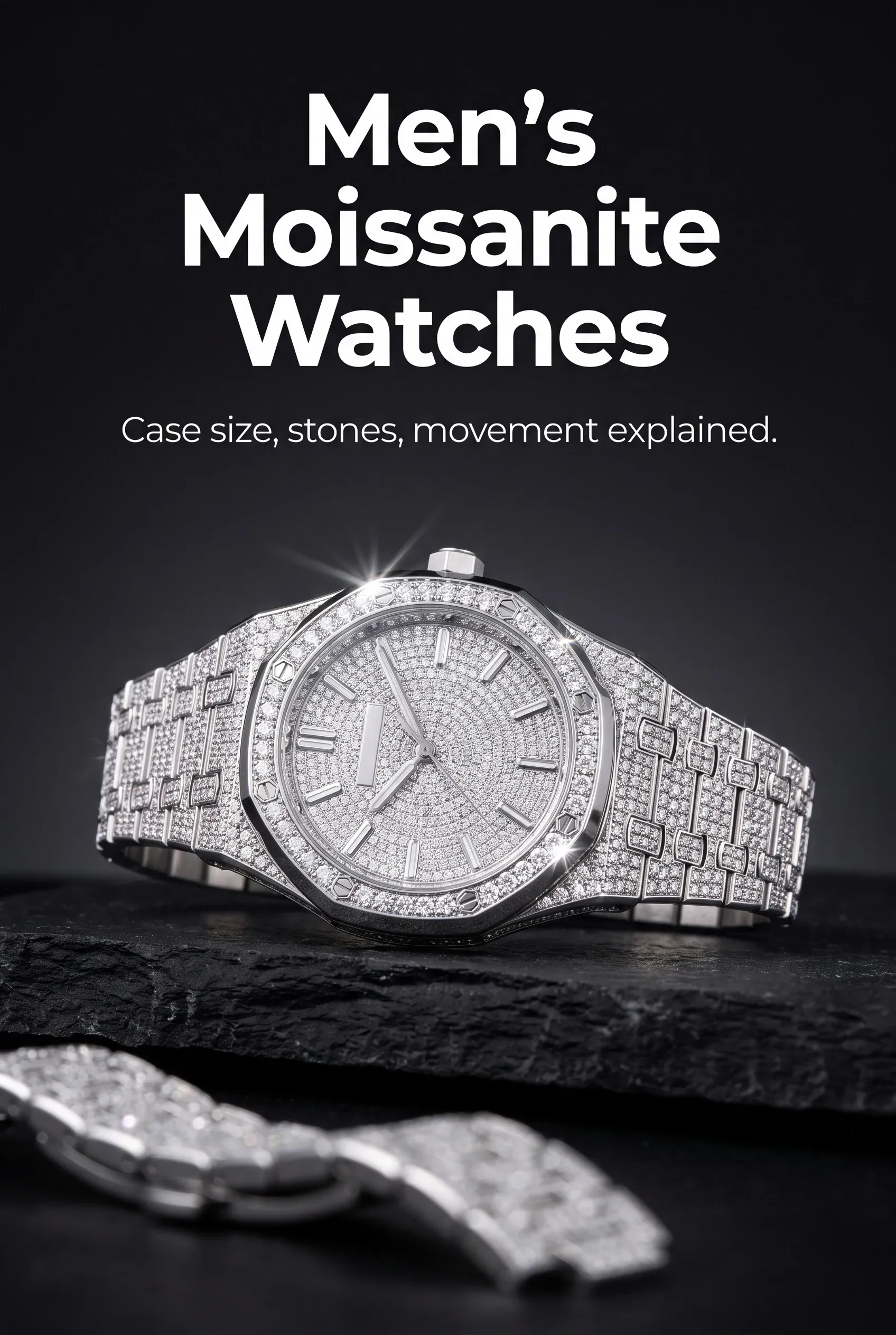 Vertical hero of a fully iced silver watch on dark stone with headline Men's Moissanite Watches.