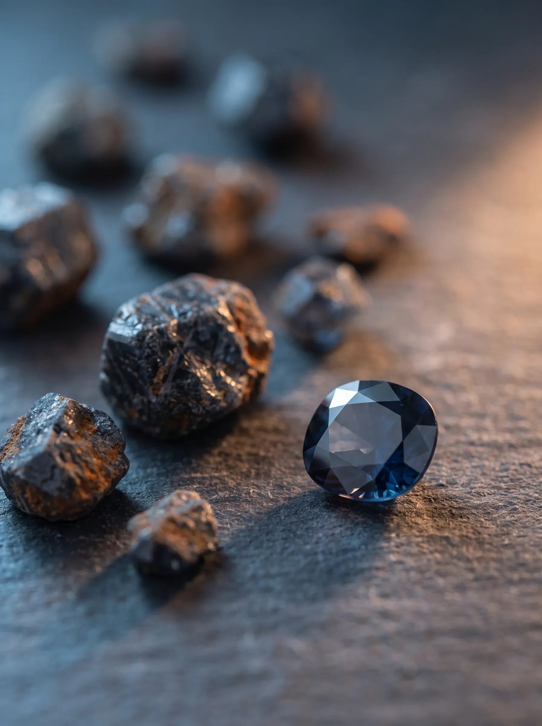 Rough dark meteorite fragments scattered on slate beside a single faceted blue stone