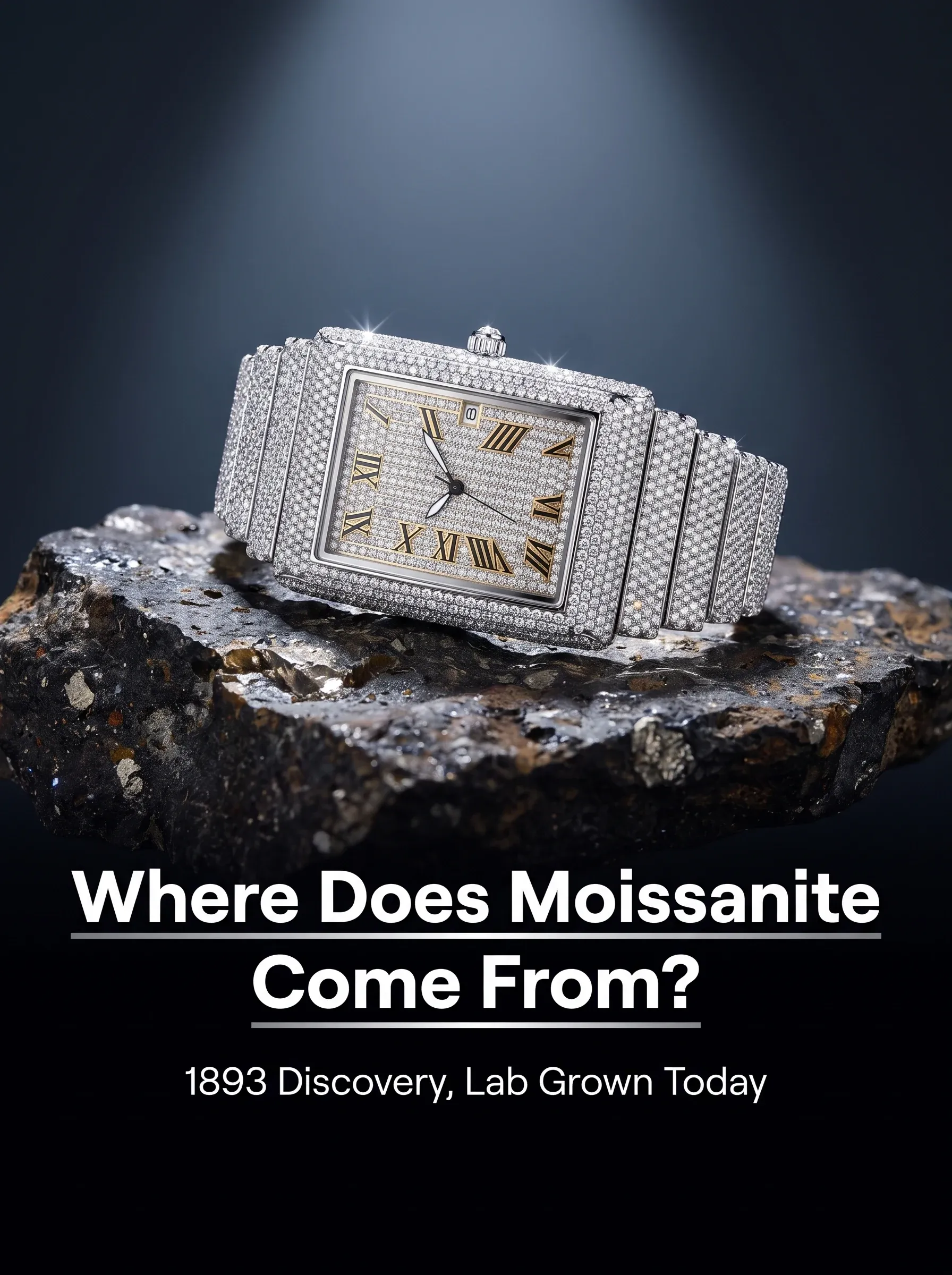 Fully stone-set rectangular watch displayed on a rough meteorite slab under a cool spotlight