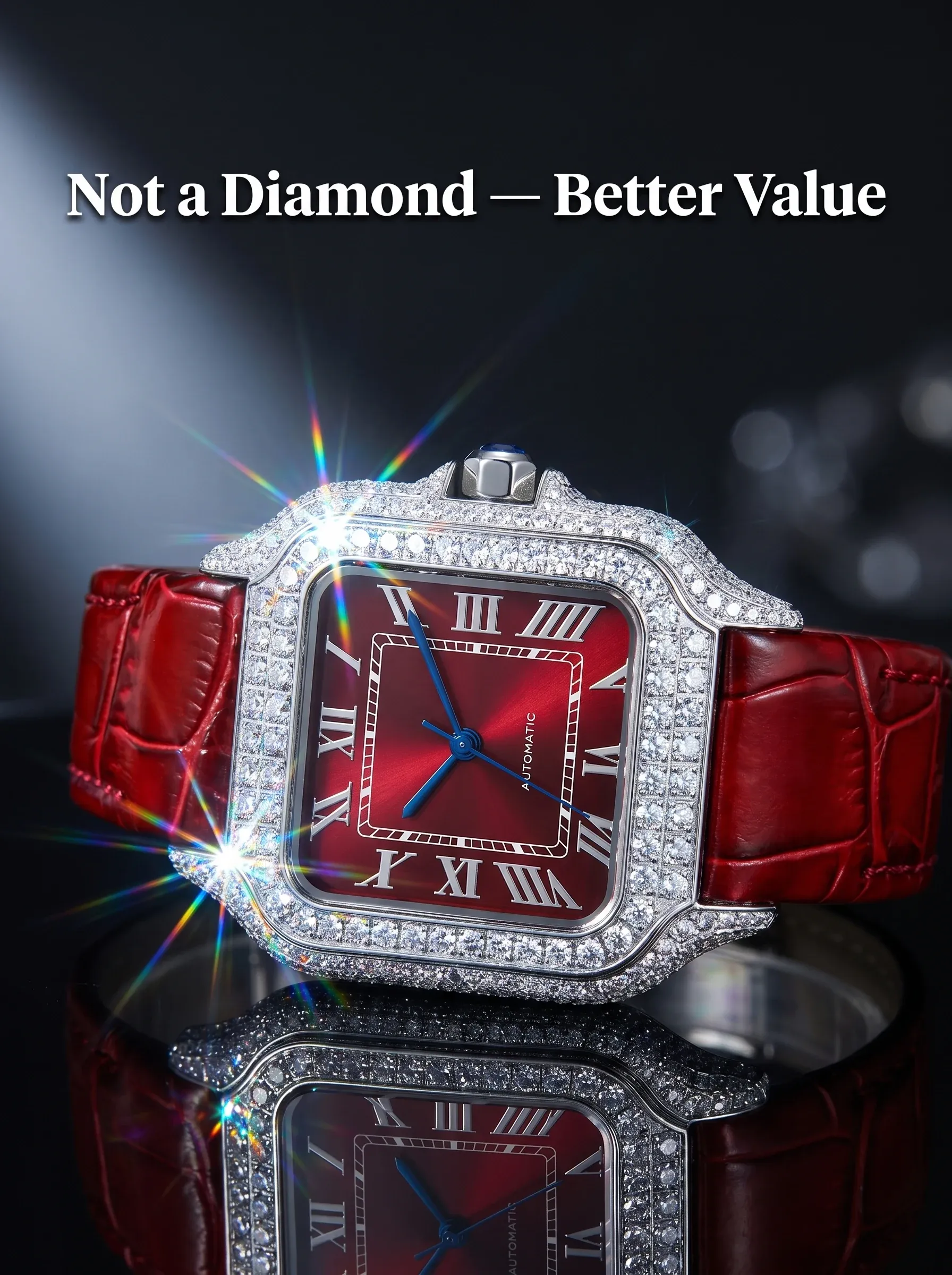 Pavé moissanite watch case flashing rainbow starbursts under a spotlight, captioned as better value than diamond
