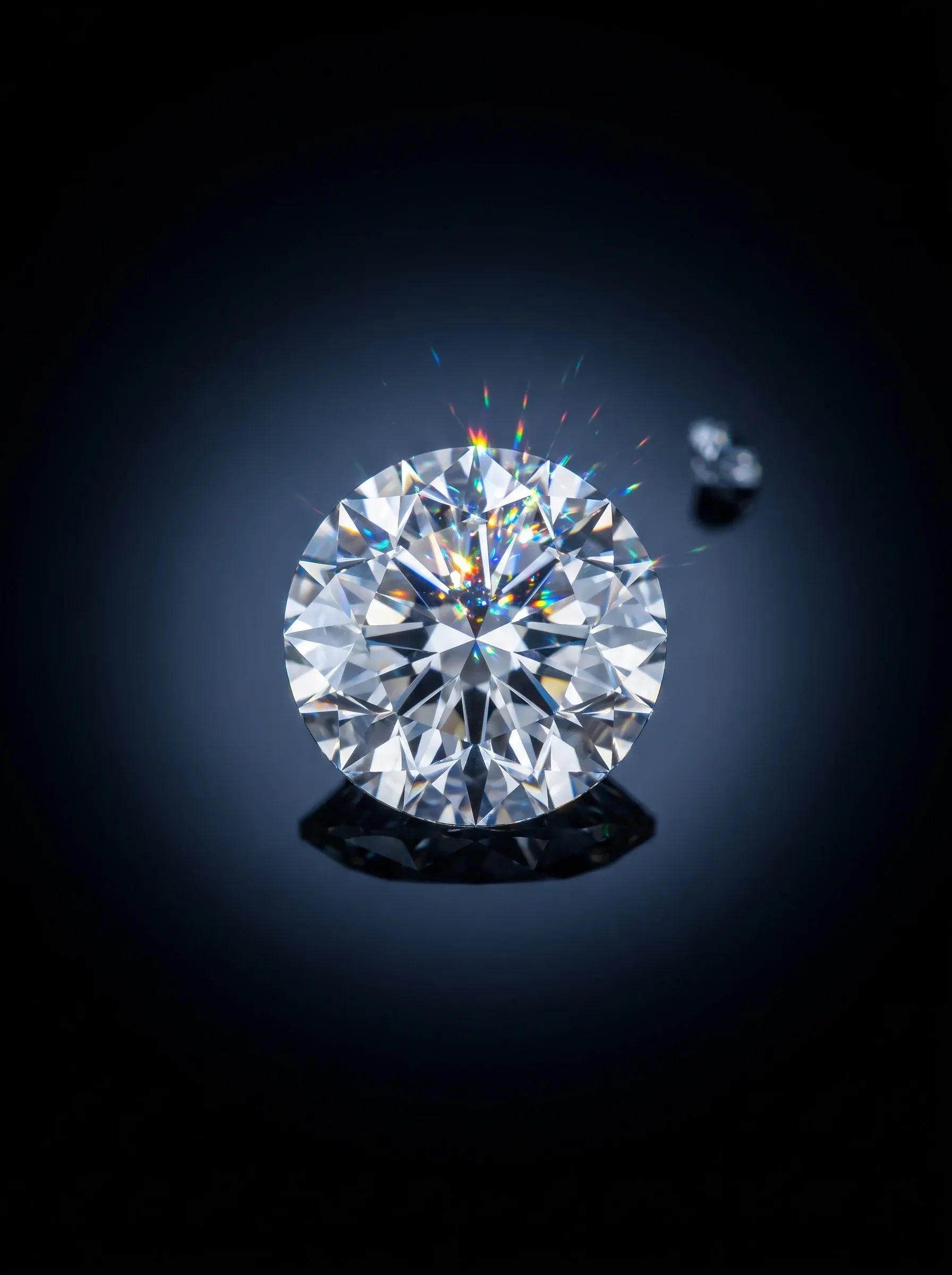 Round brilliant moissanite throwing rainbow fire on a dark blue surface with a second stone blurred behind it