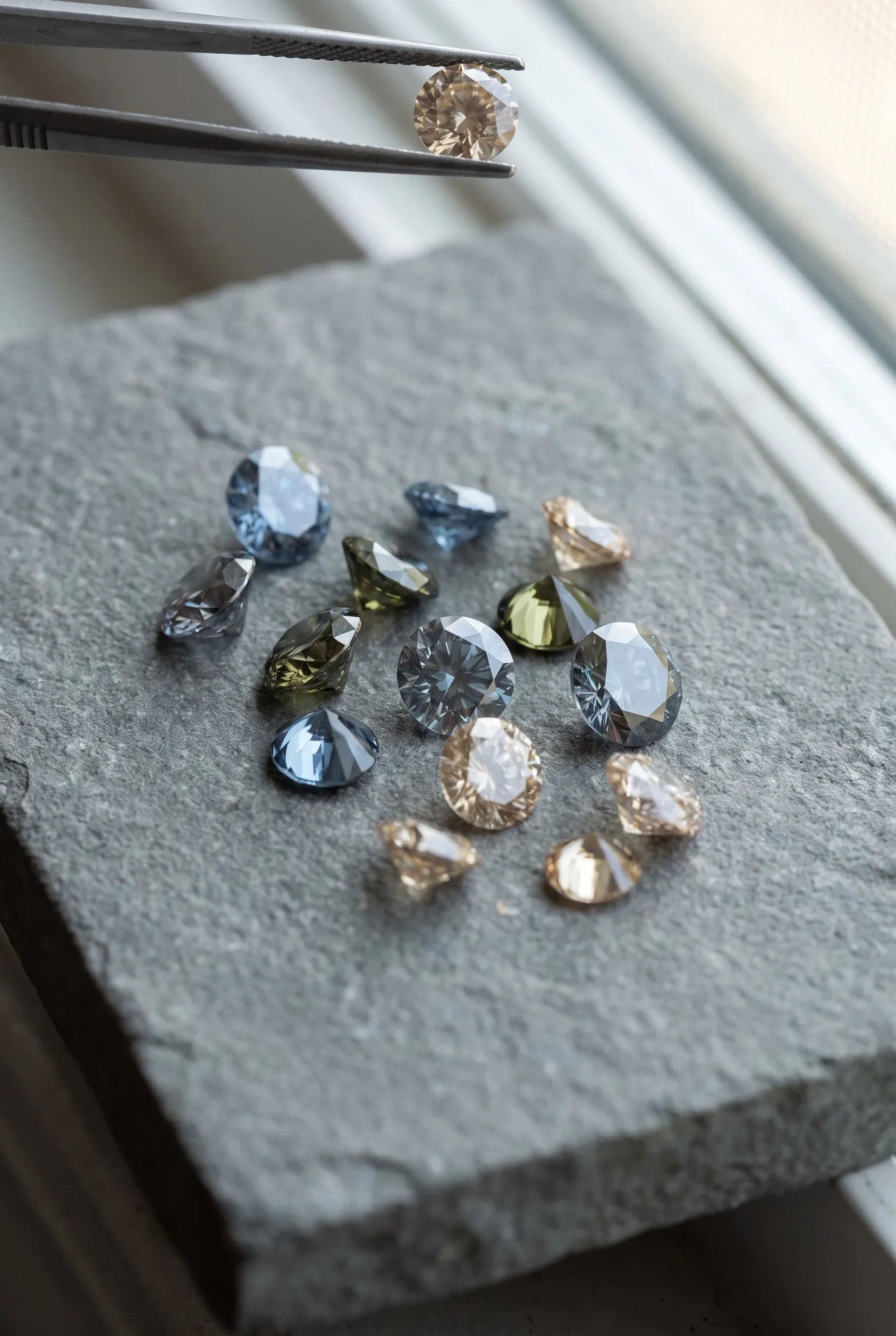 Loose blue, gray, green, and champagne stones arranged on a matte surface beside jeweler’s tweezers