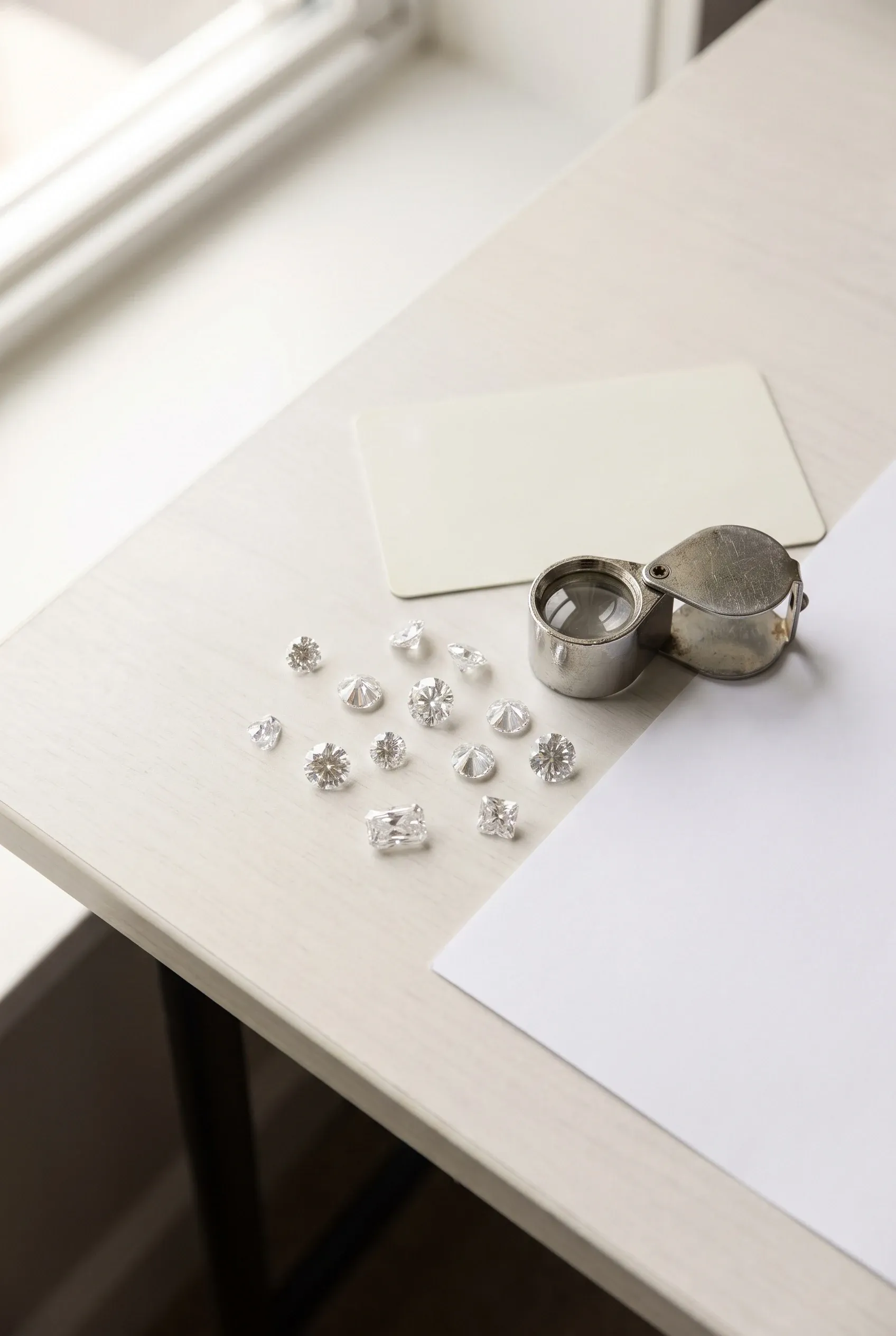 Loose white stones, loupe, and blank grading card arranged on a bright neutral desk