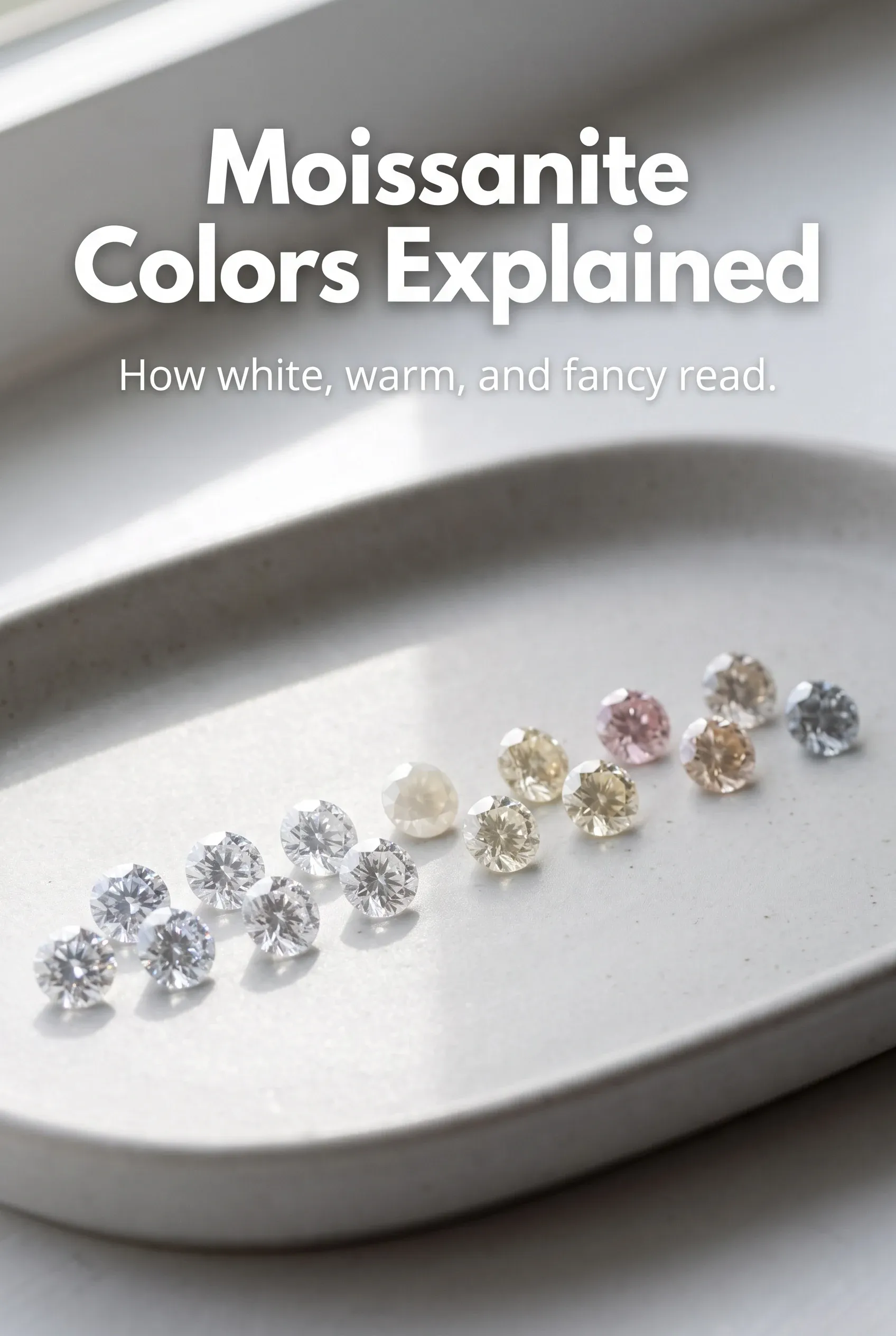 Moissanite Colors Explained over loose white and fancy stones arranged on a pale tray in soft light