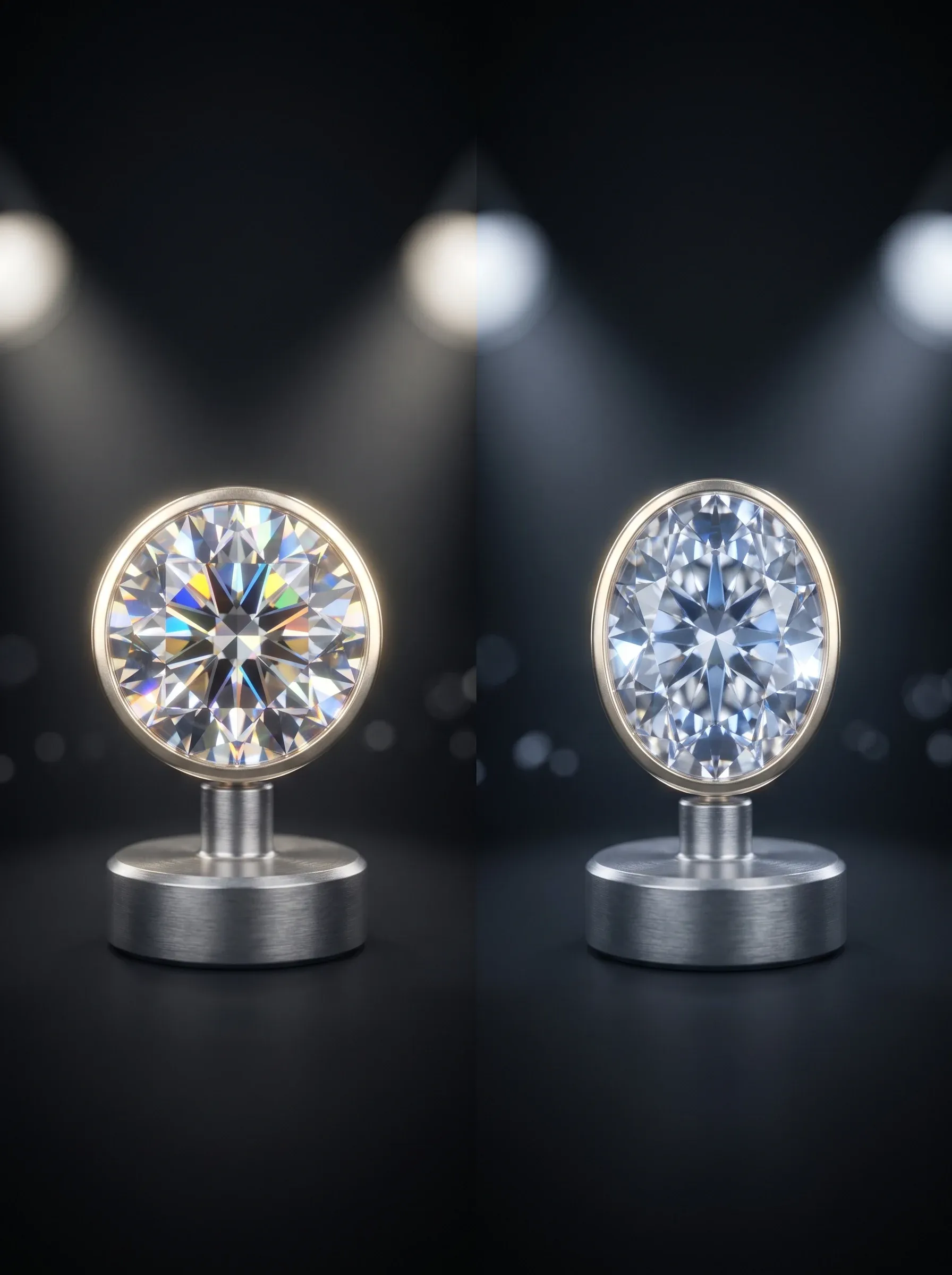 Round moissanite with colorful fire displayed beside an oval diamond with icy white sparkle under studio spotlights