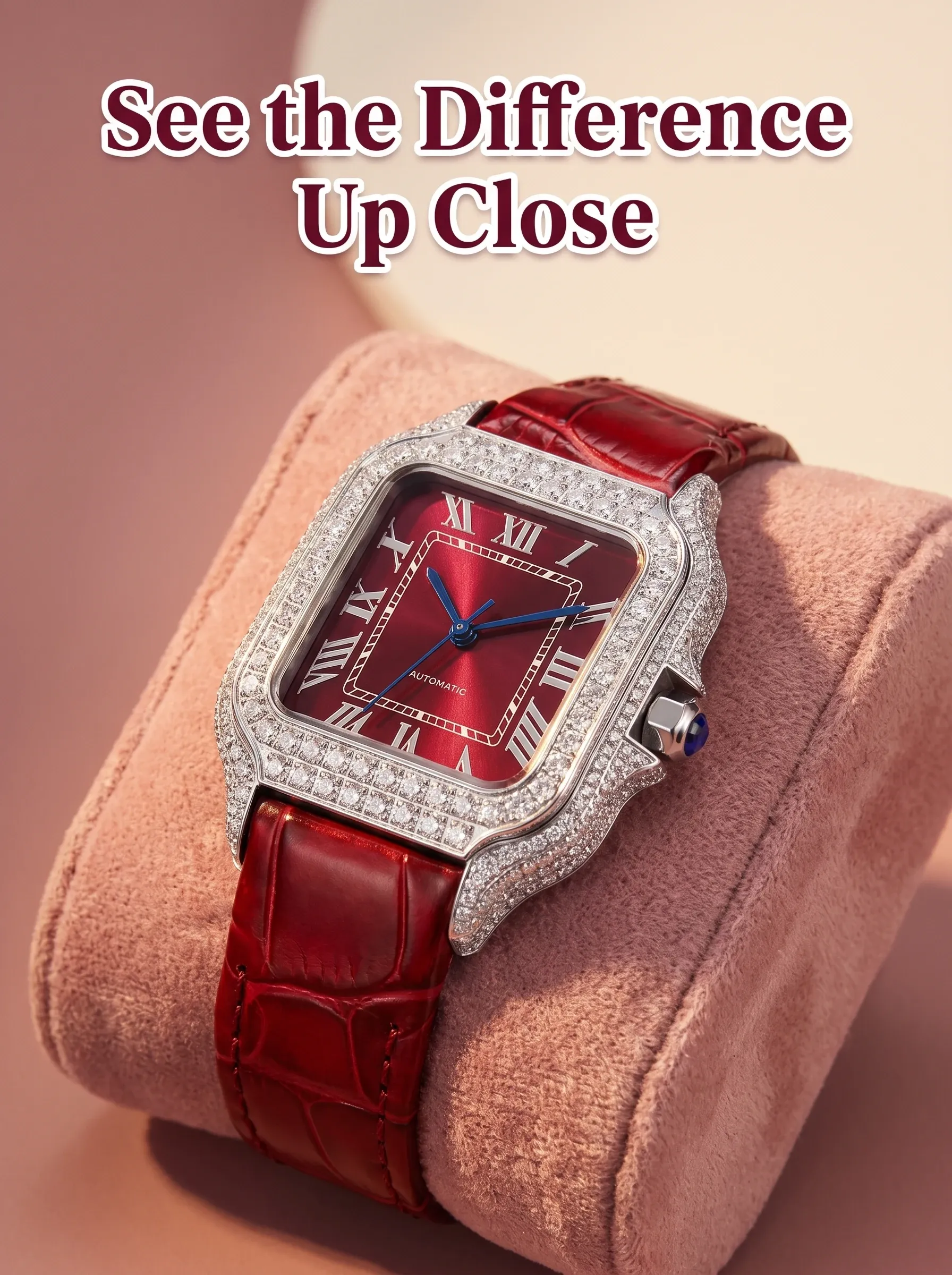 Close view of a stone-set watch on a suede cushion showing how facets separate white and colored light
