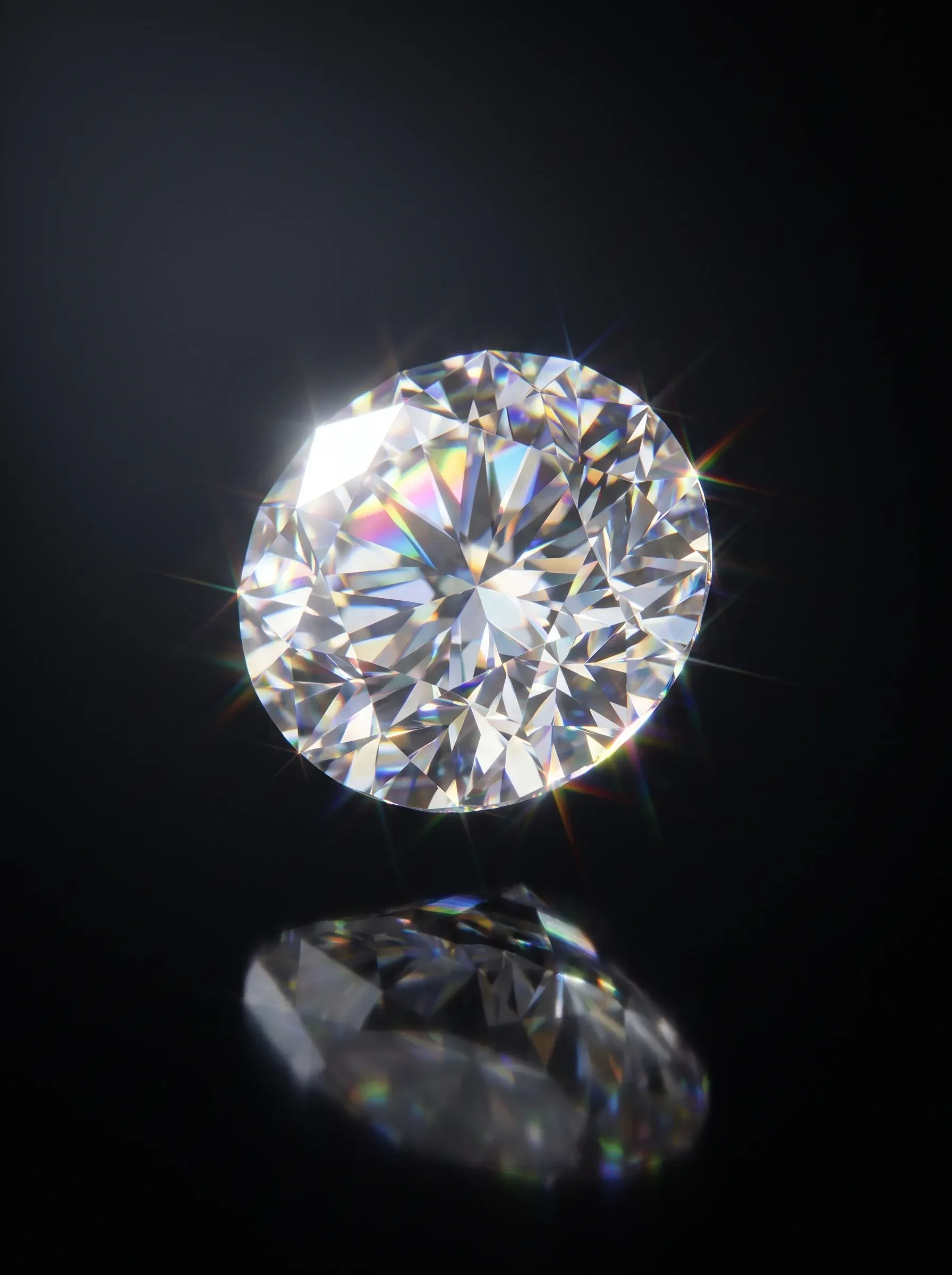 Round brilliant moissanite hovering over its reflection on black, edges bursting with colored starburst flashes