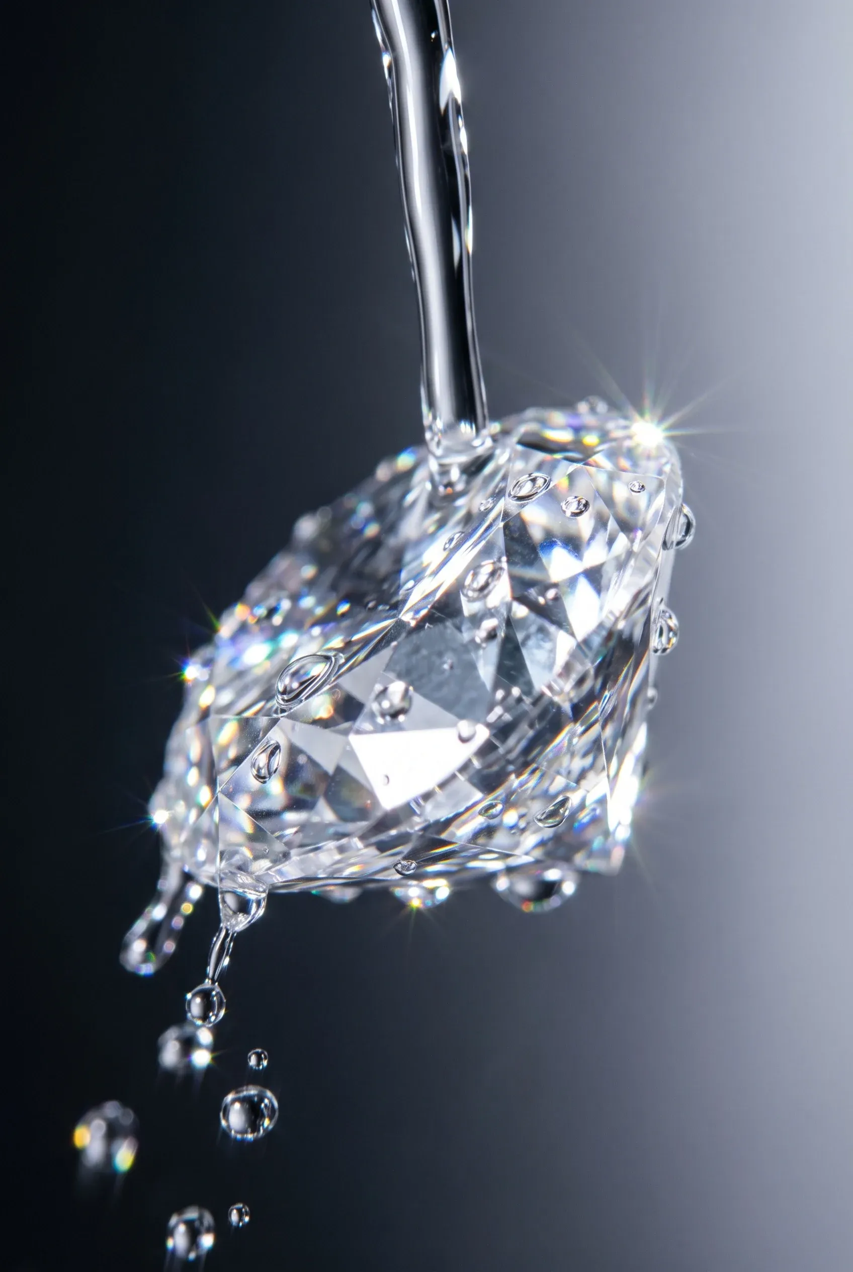 Round brilliant stone under a thin stream of running water, droplets clinging to its facets against a grey gradient