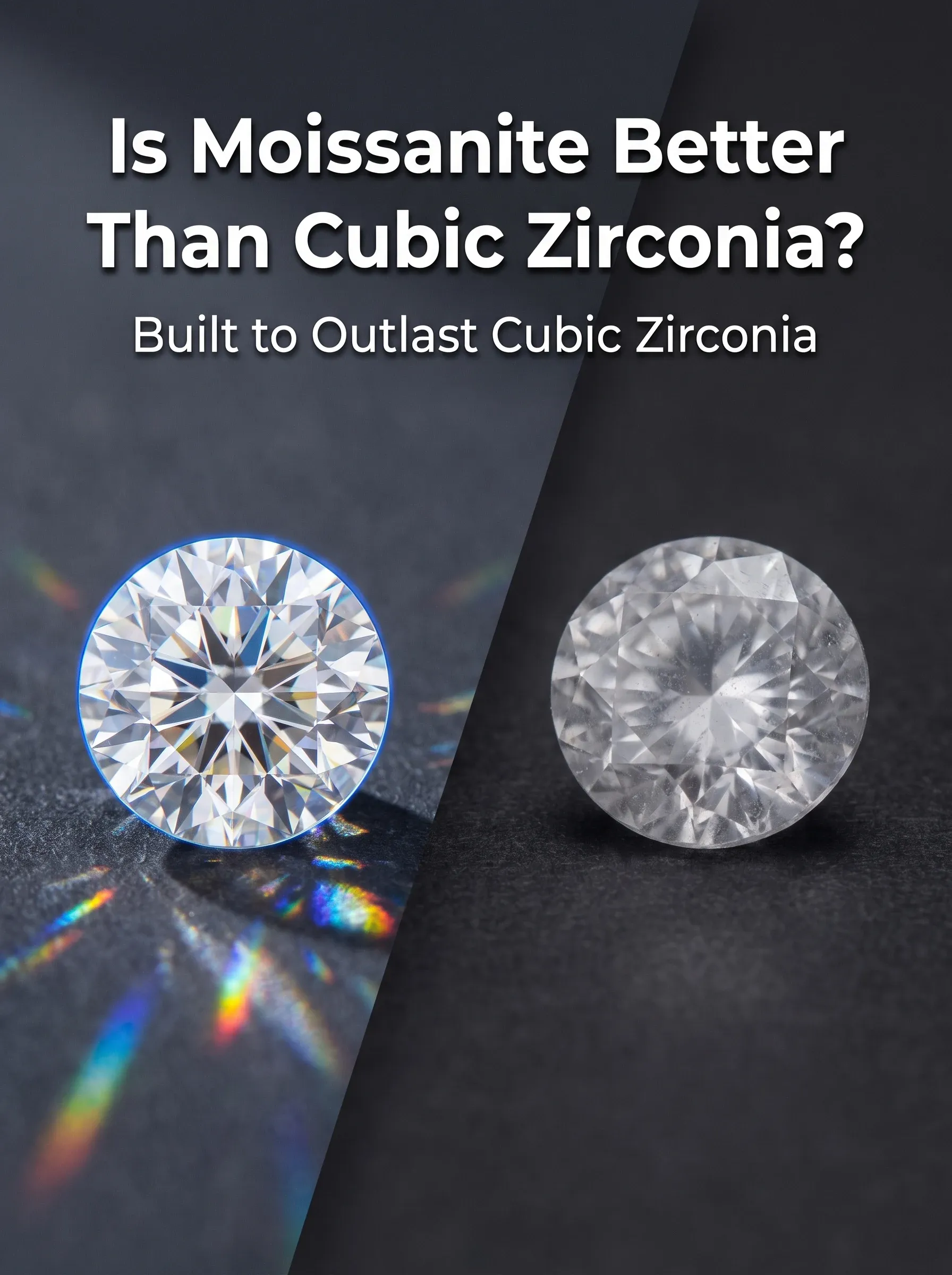 Fiery round moissanite next to a cloudy worn cubic zirconia on a split dark background