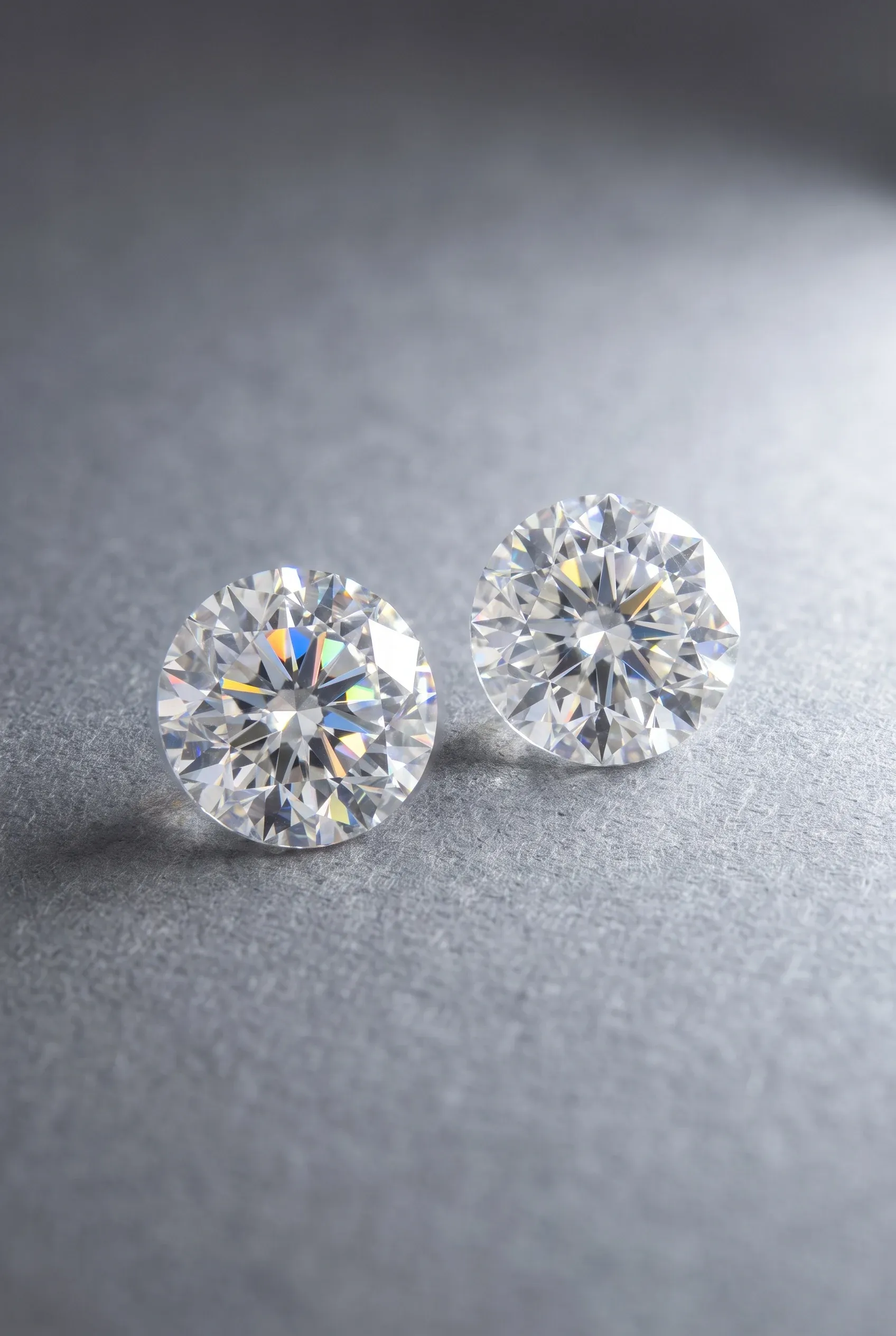 Two loose colorless stones under spot lighting showing different white and rainbow flash patterns on gray surface.