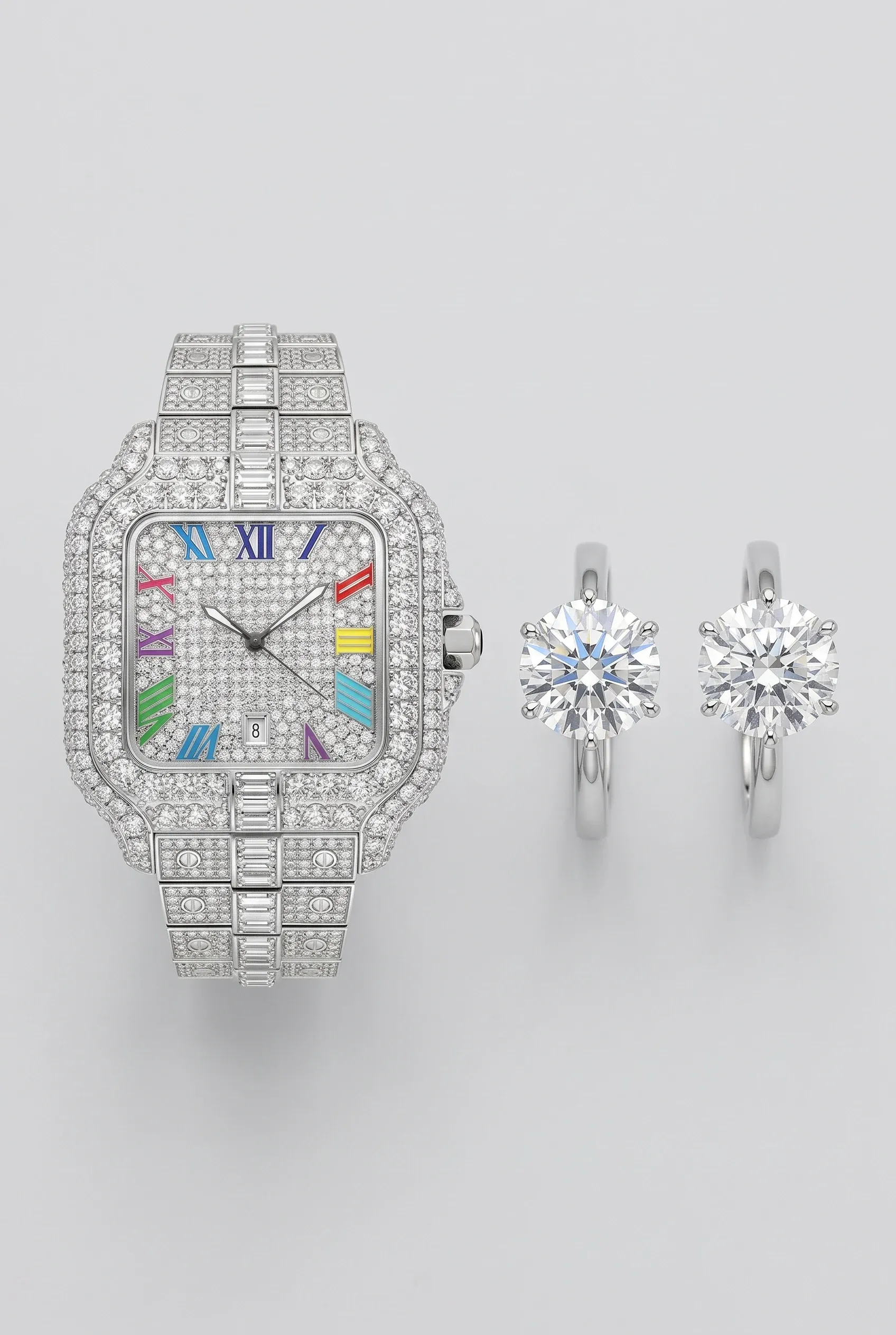 Side by side solitaire rings in close view showing facet detail and different flash character under studio light.