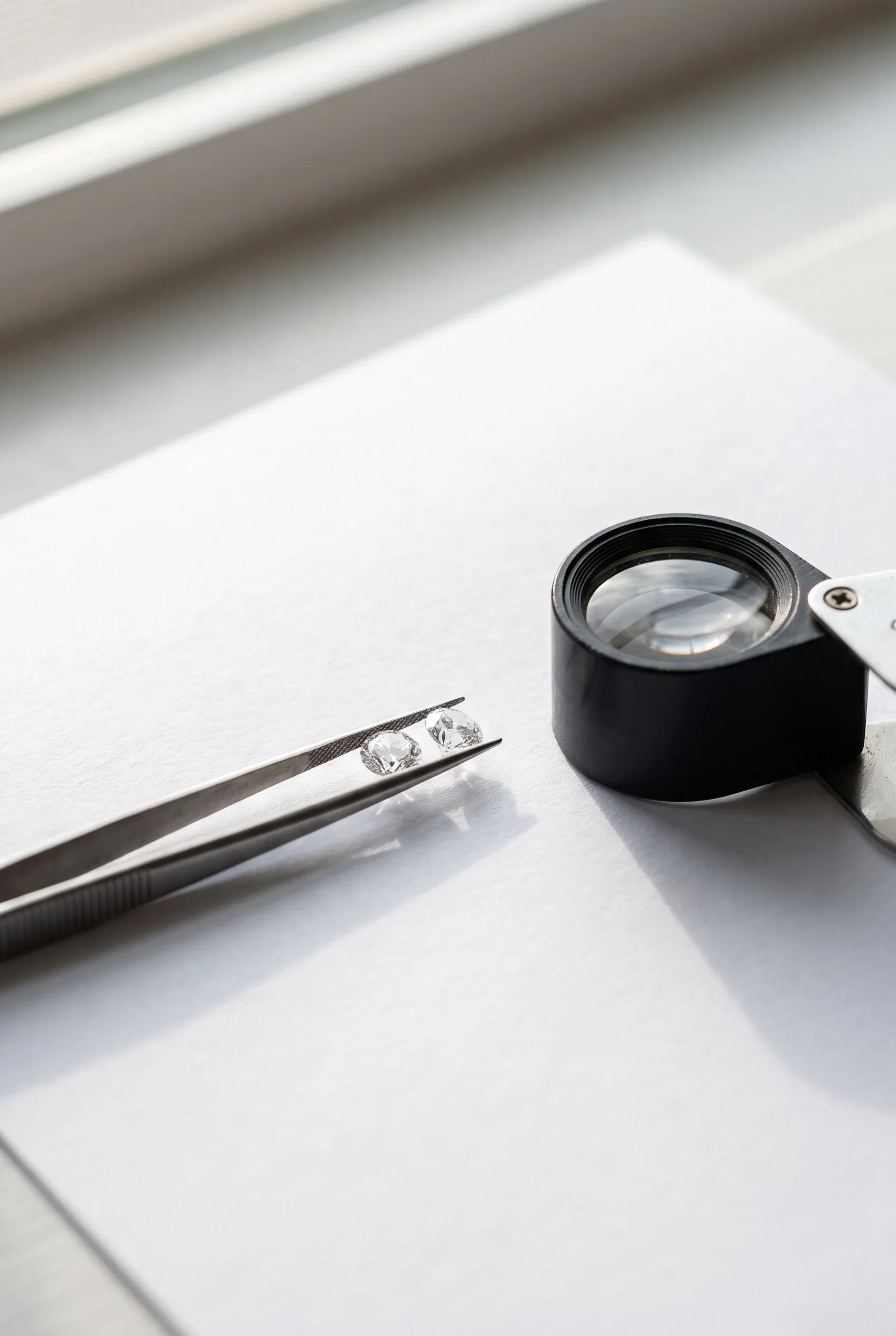 Loose stones in tweezers beside a loupe near window light for a side by side sparkle check.