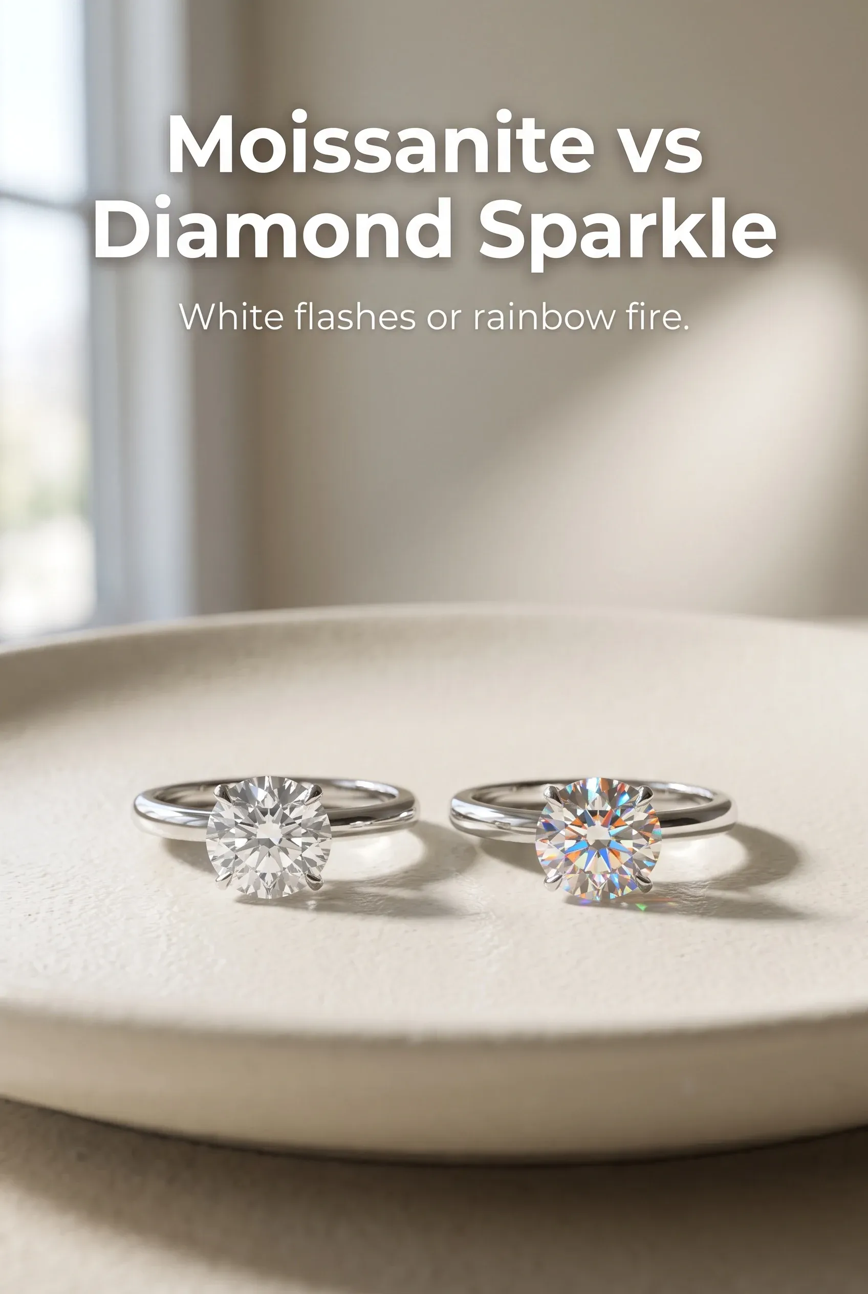 Vertical hero with two colorless rings under mixed light, headline Moissanite vs Diamond Sparkle over a neutral background.