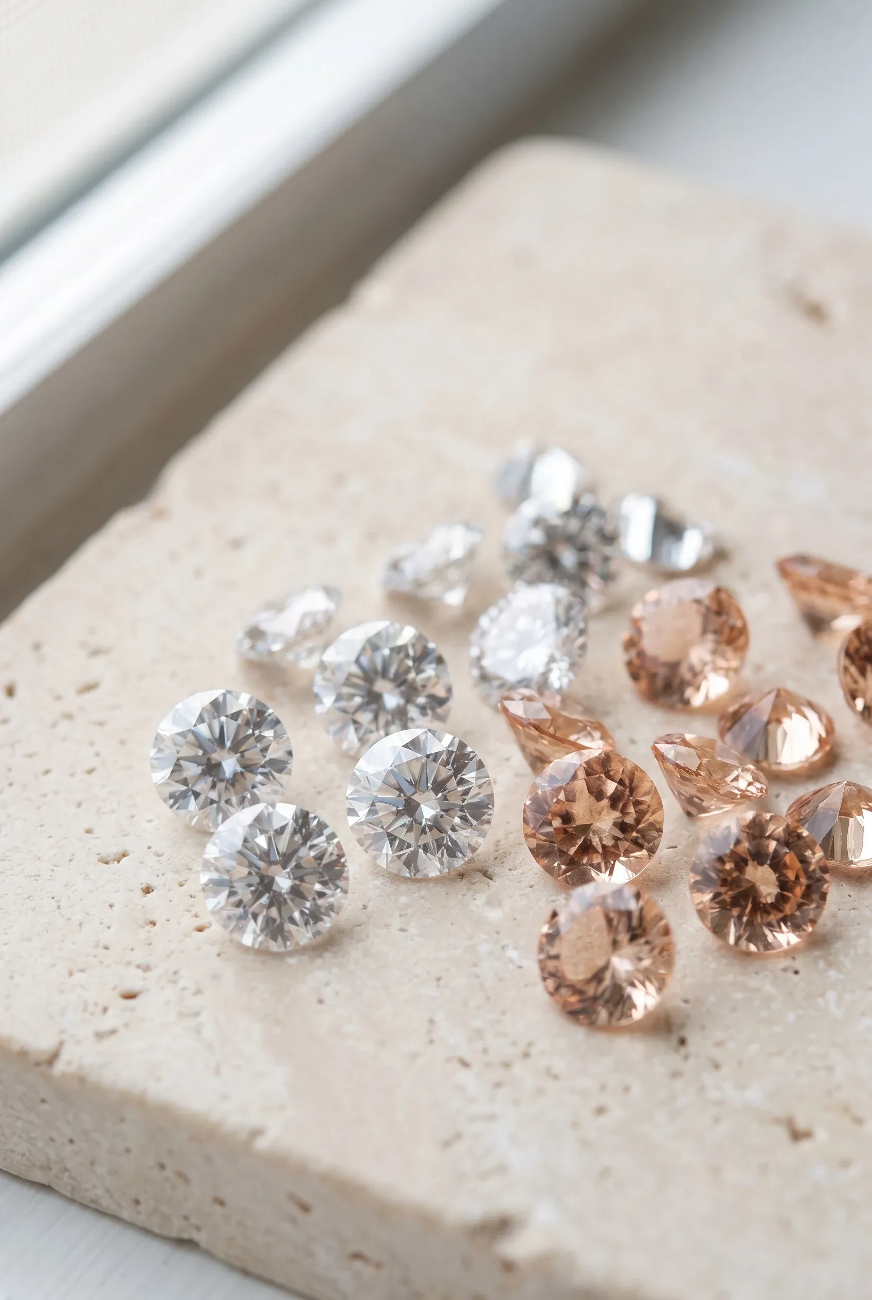 Loose colorless moissanite and peach morganite stones under soft light showing different sparkle and body color.