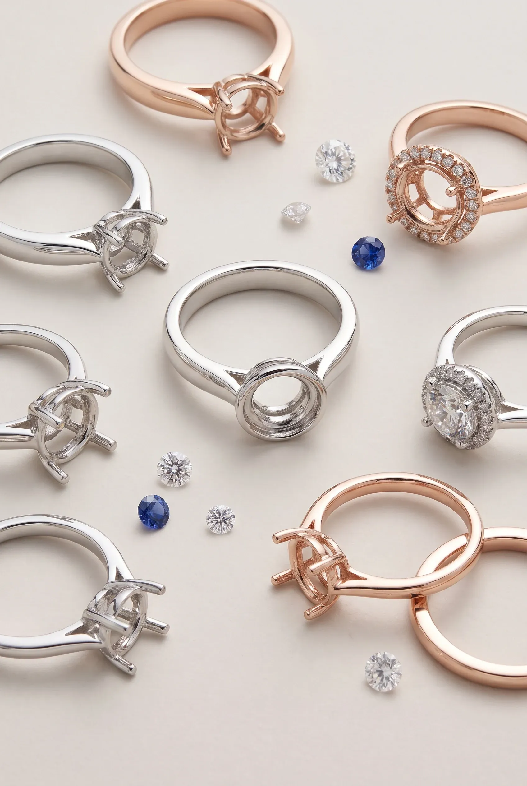 Close view of white and rose metal ring settings highlighting prongs bezels and exposed corners.