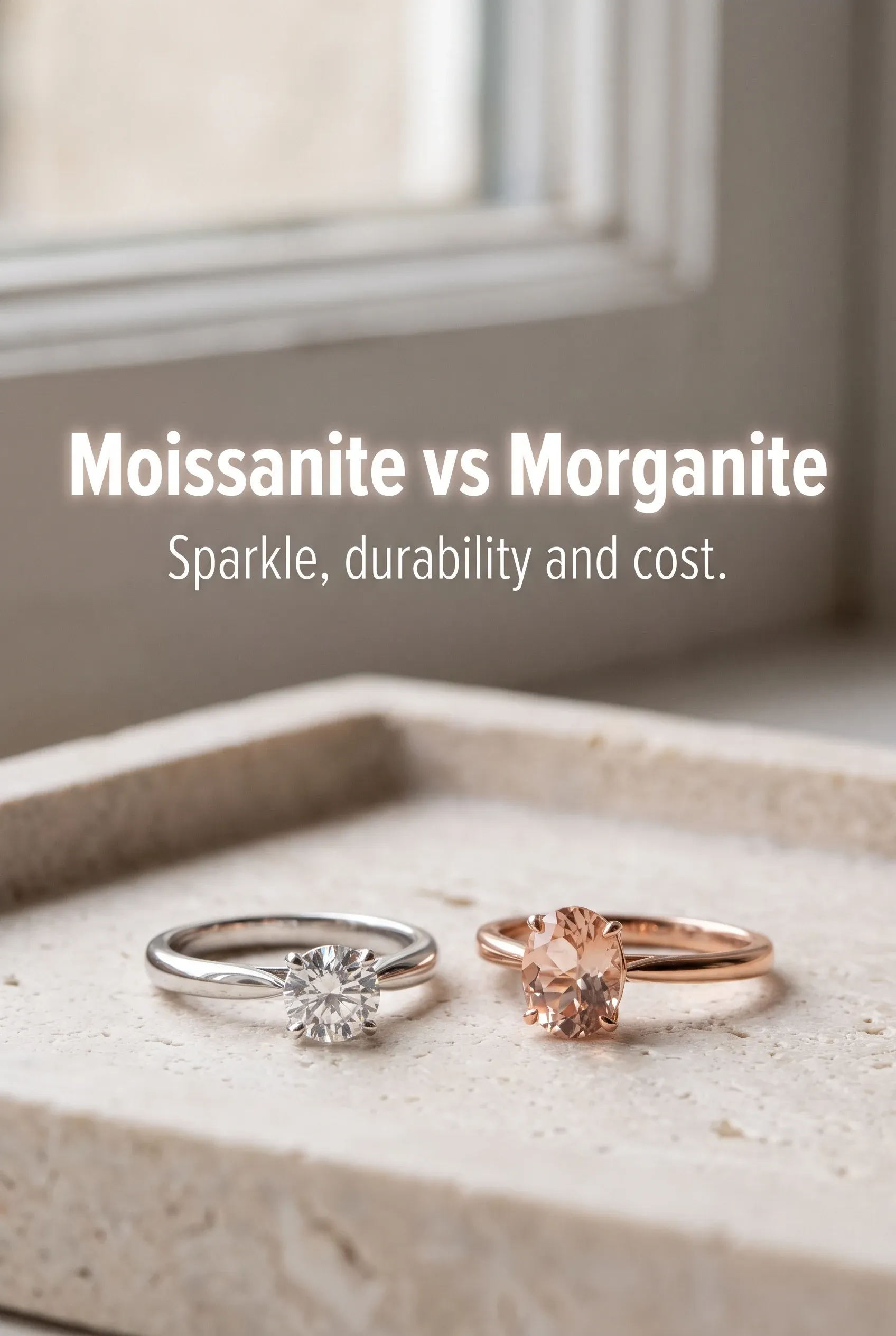 Two engagement rings on a stone tray beneath the words Moissanite vs Morganite, with clean space above.