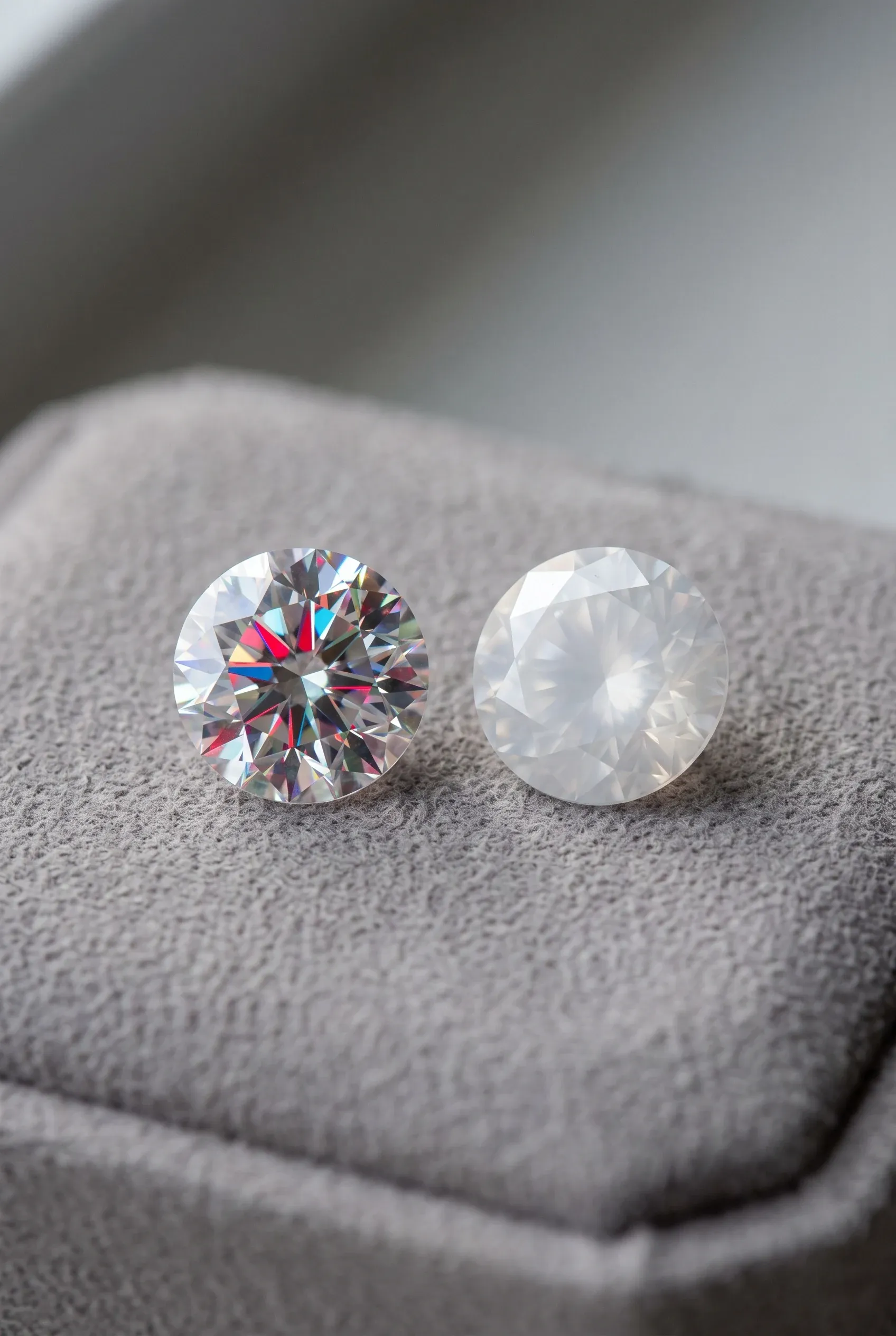 Two white gemstones side by side, one with rainbow flashes and one with softer white sparkle.