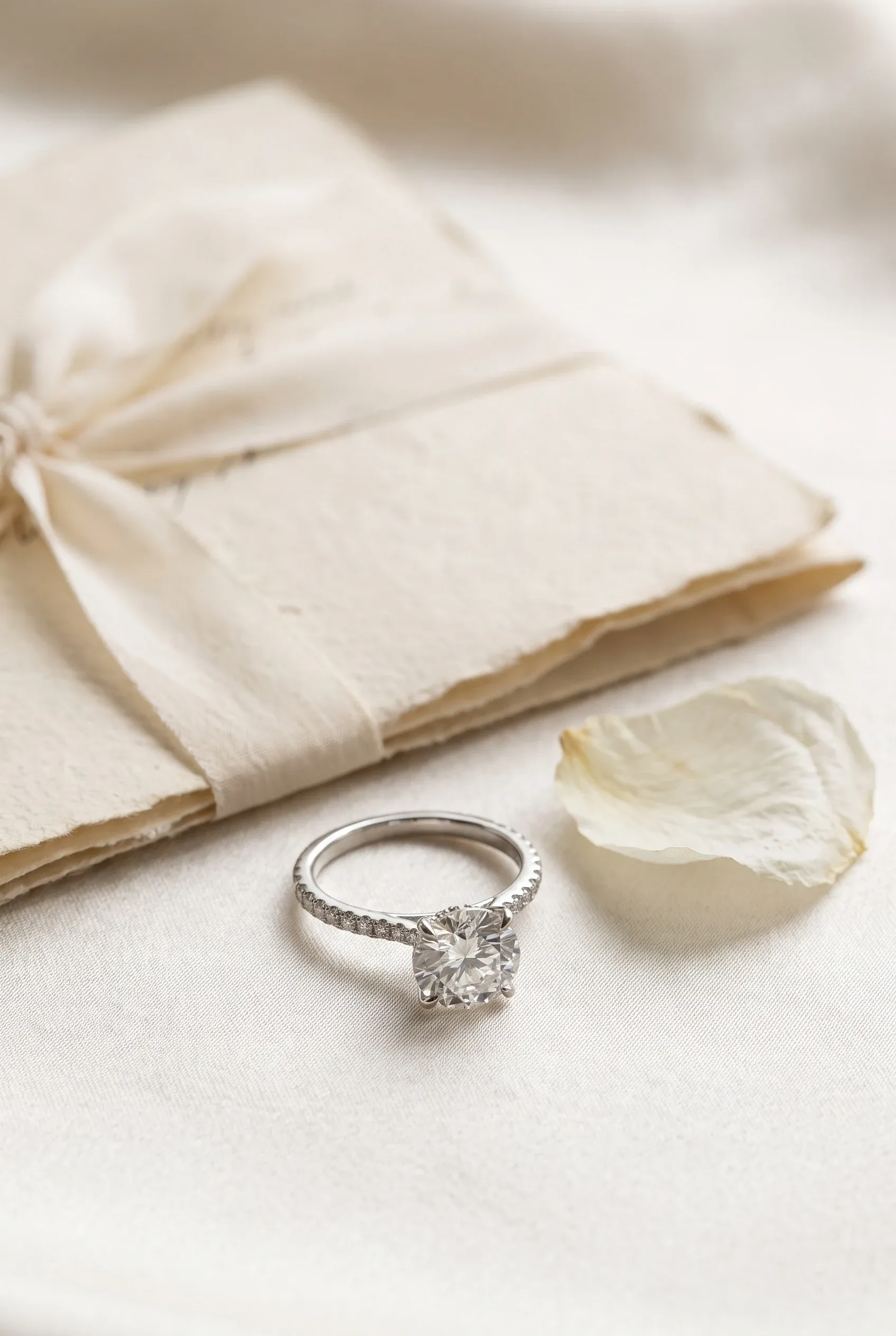 White center-stone engagement ring resting on ivory fabric in soft natural light.