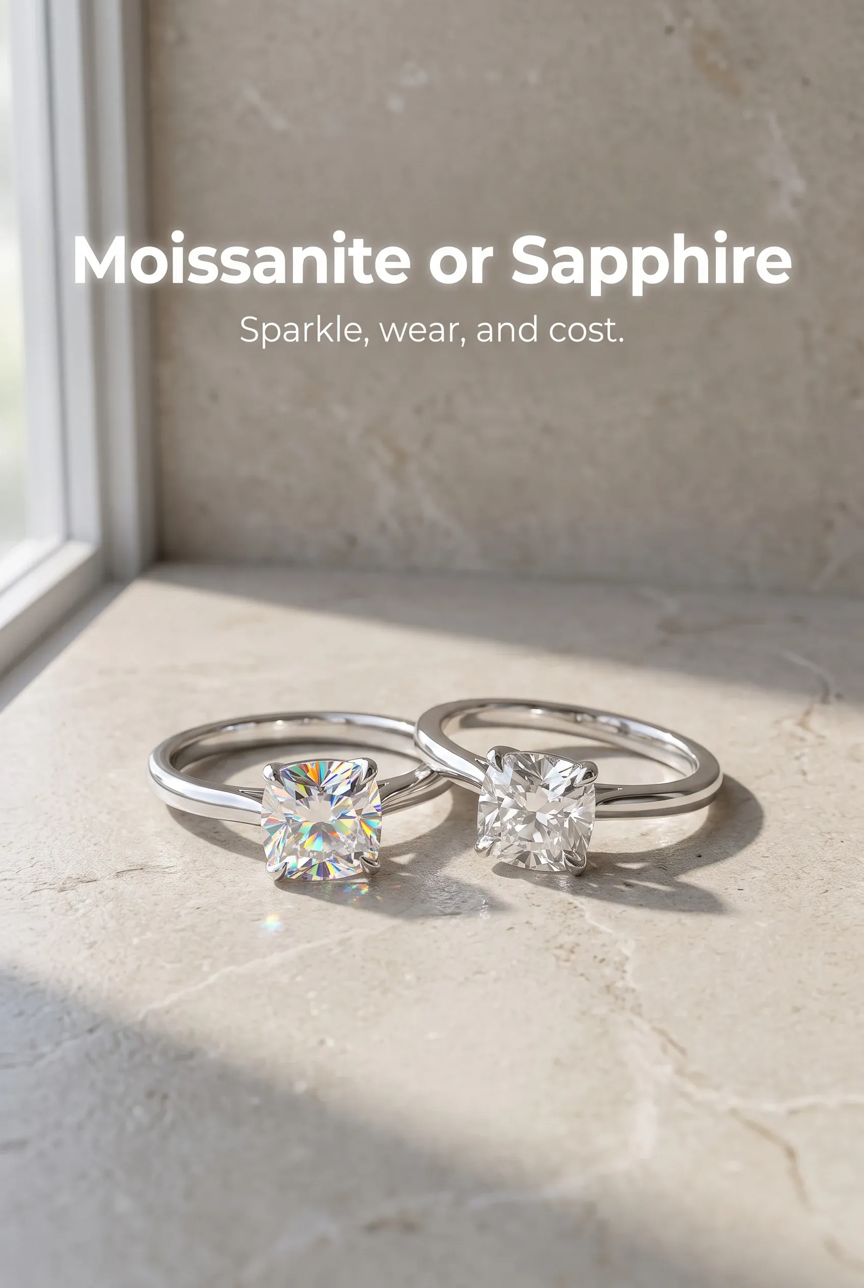 Vertical hero with two white solitaire rings and the headline Moissanite or Sapphire above them.