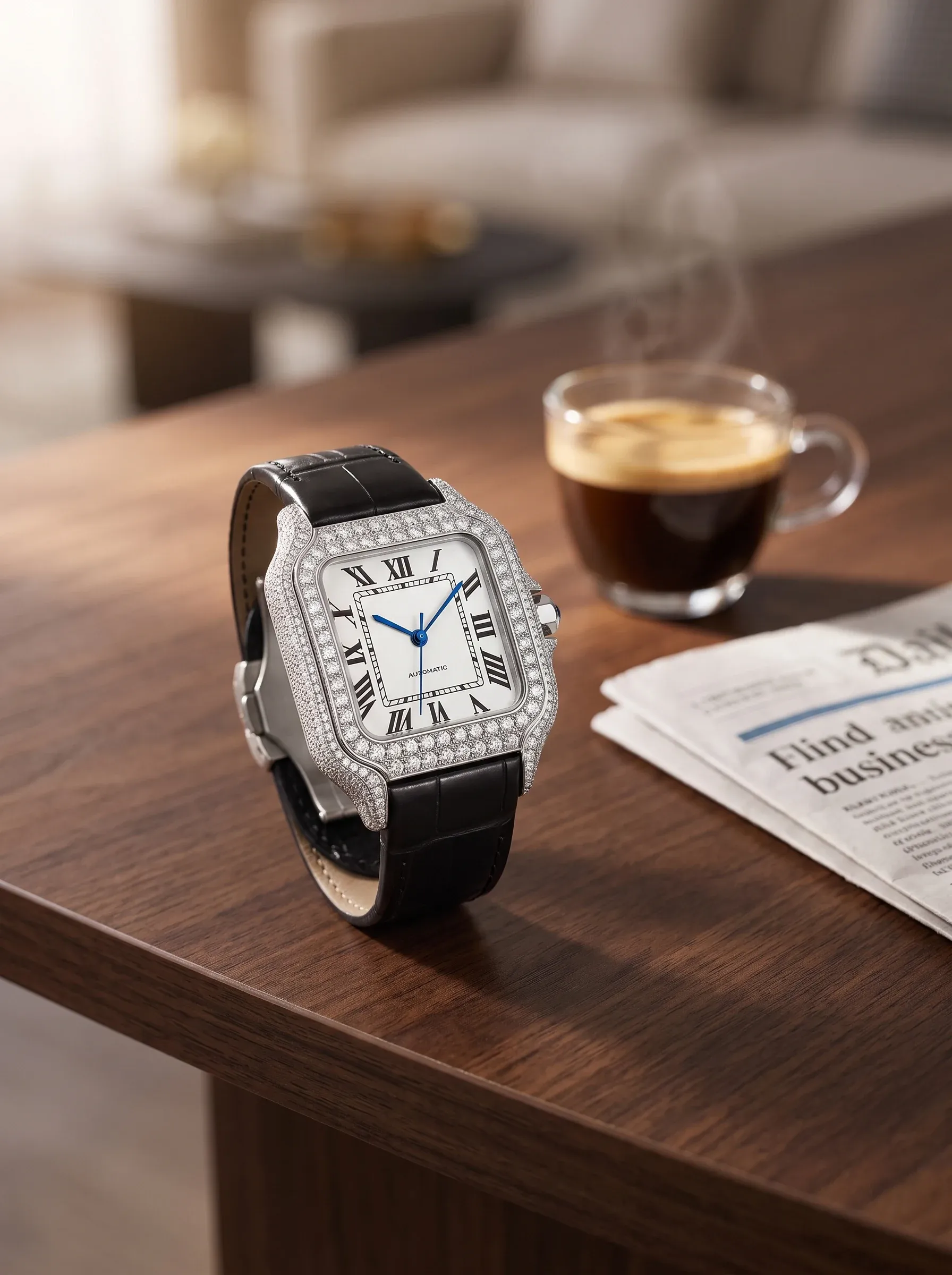 Stone-set watch with a black leather strap standing on a wooden desk next to an espresso and a newspaper