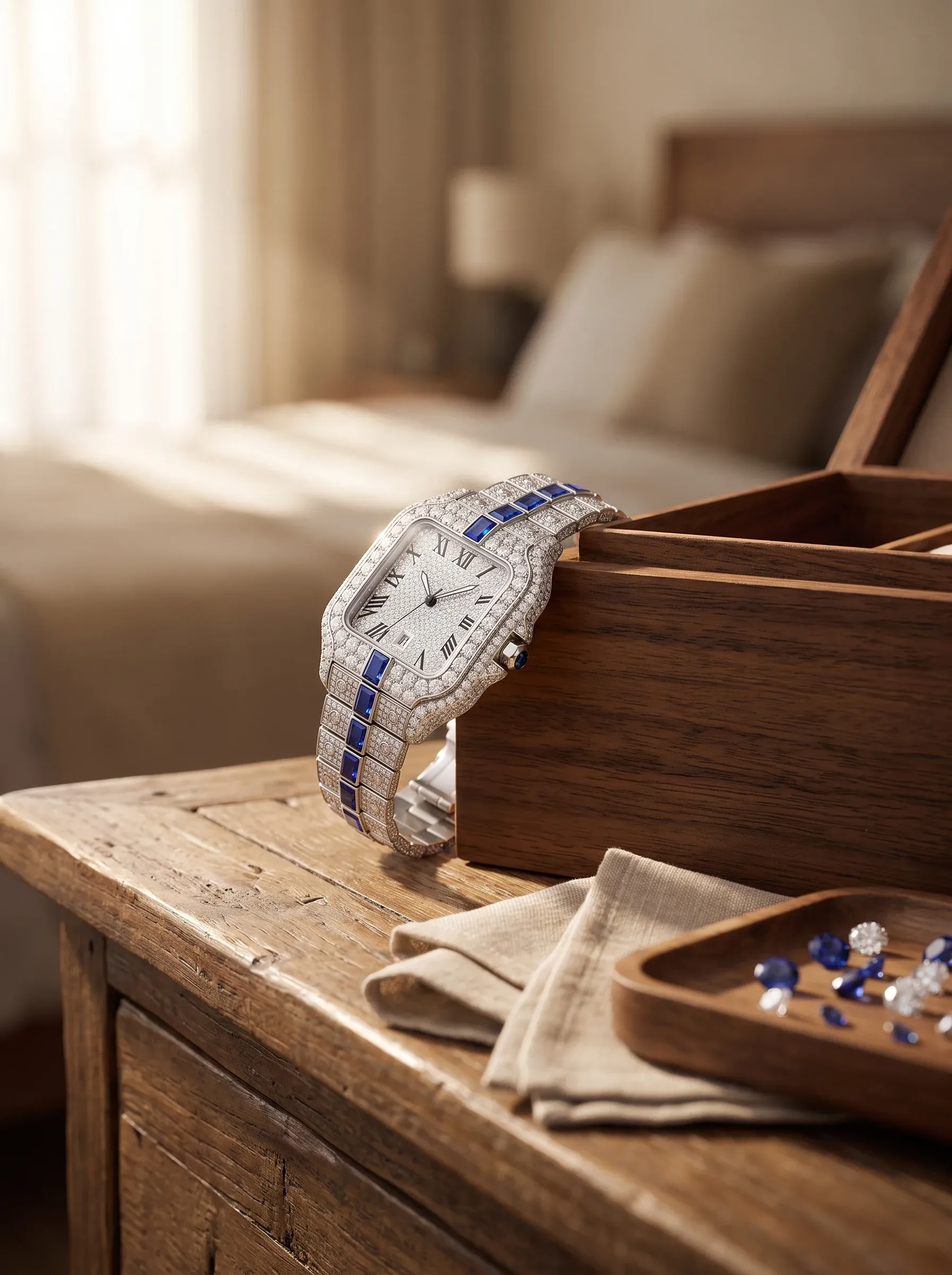 Pavé watch with sapphire baguette accents leaning against a wooden jewelry box beside a tray of loose stones