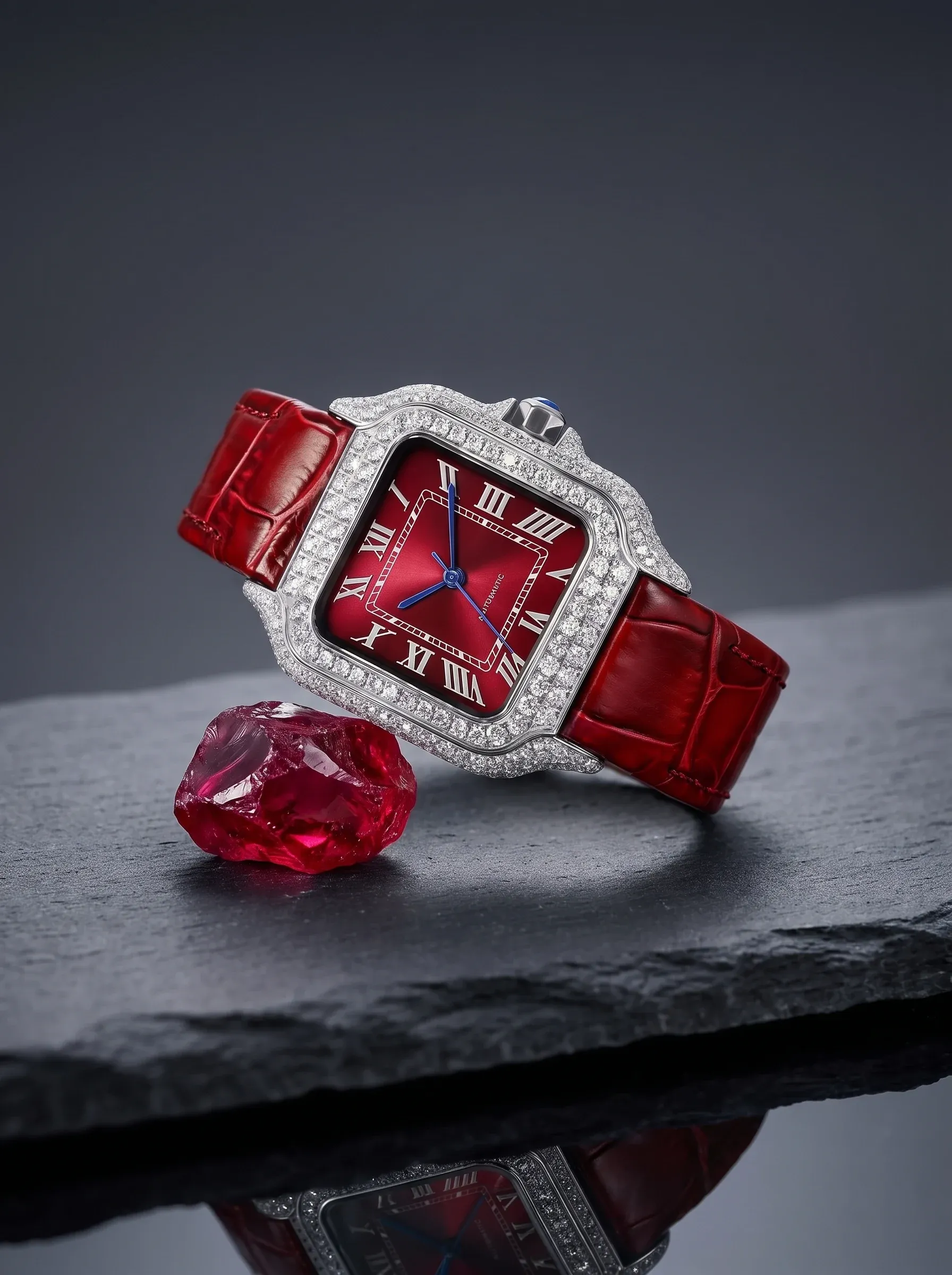 Moissanite-set square watch with a deep red dial resting on slate beside a rough red gemstone