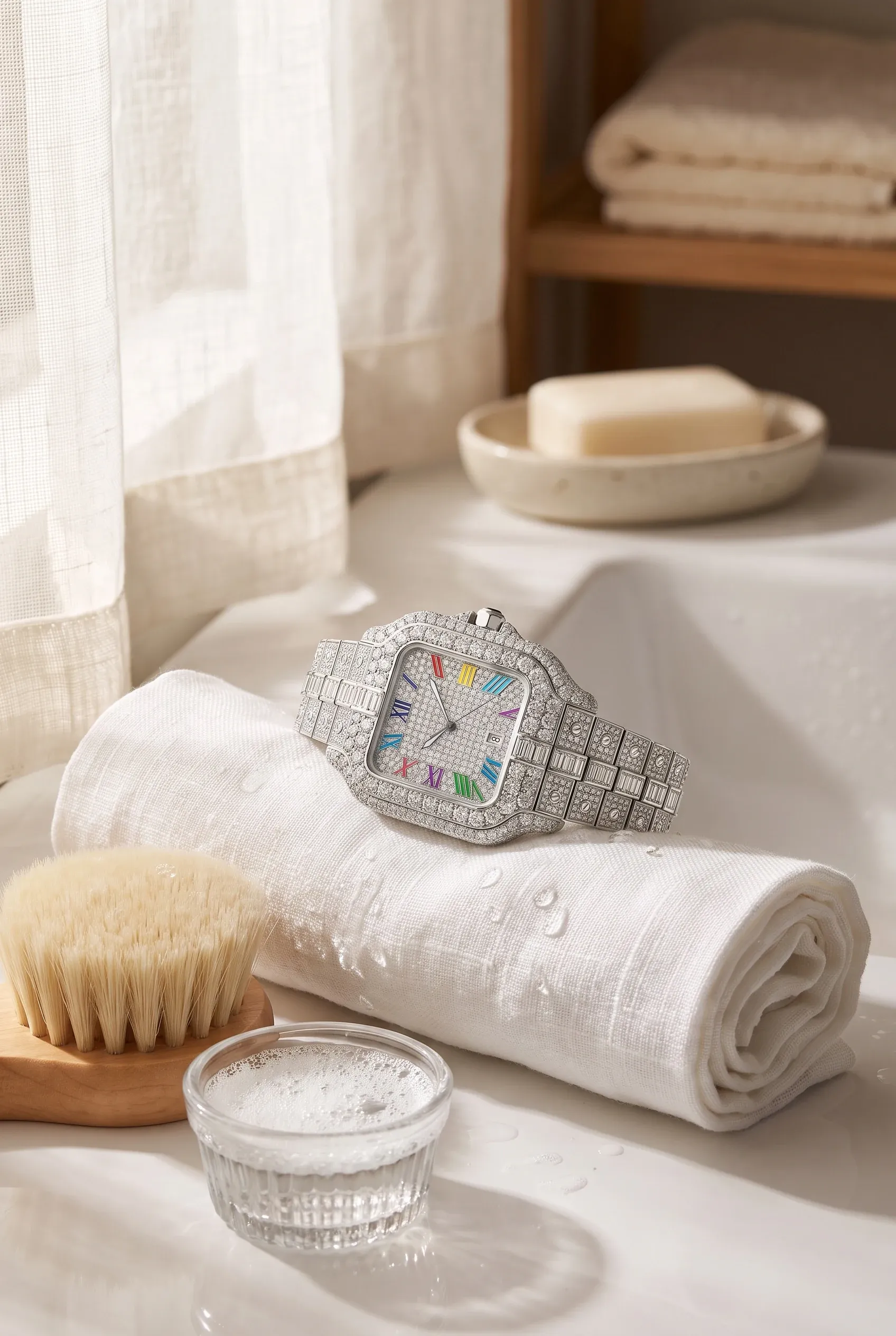 Fully iced watch with rainbow numerals drying on a rolled linen towel beside a soft brush and a ramekin of soapy water at a sunlit sink