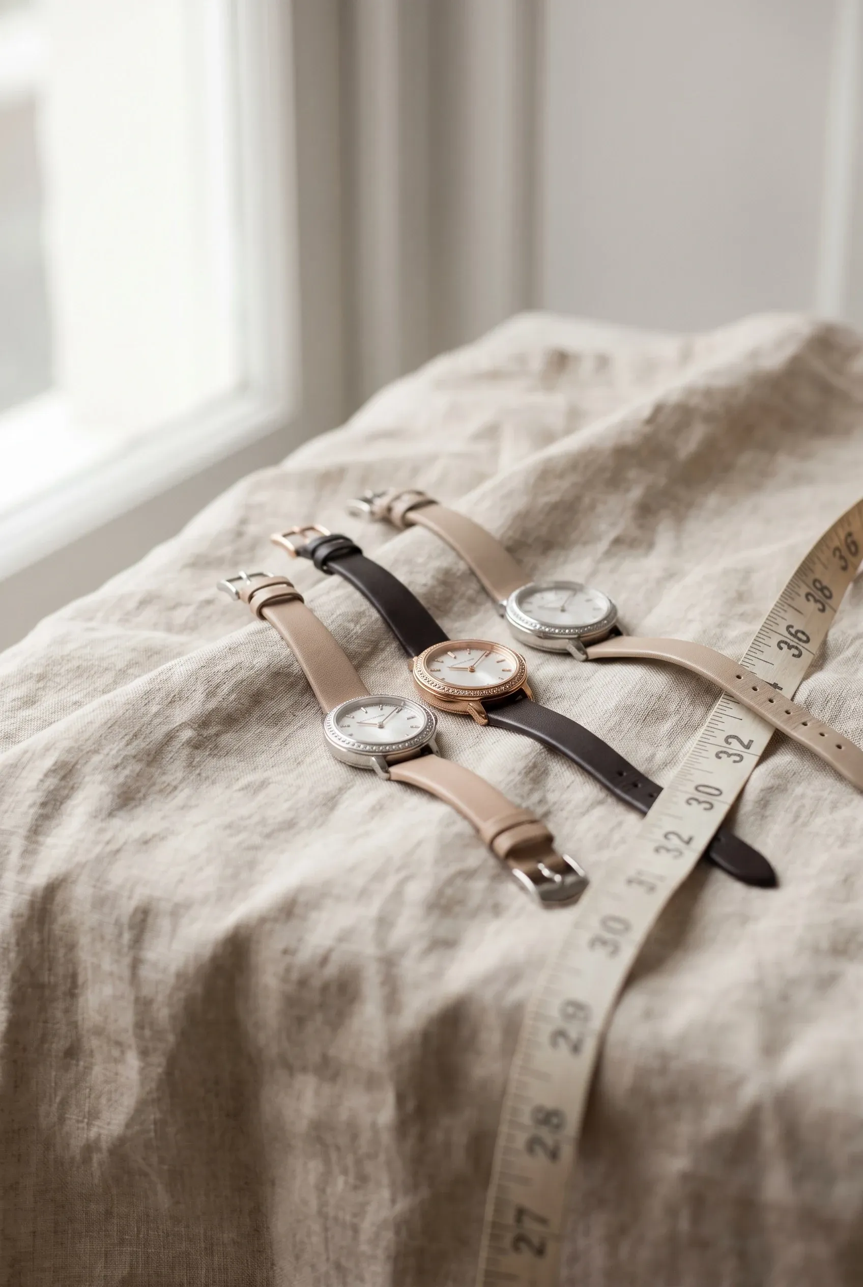 Three small stone-set women’s watches beside a measuring ribbon, showing how 28 mm to 36 mm cases compare.