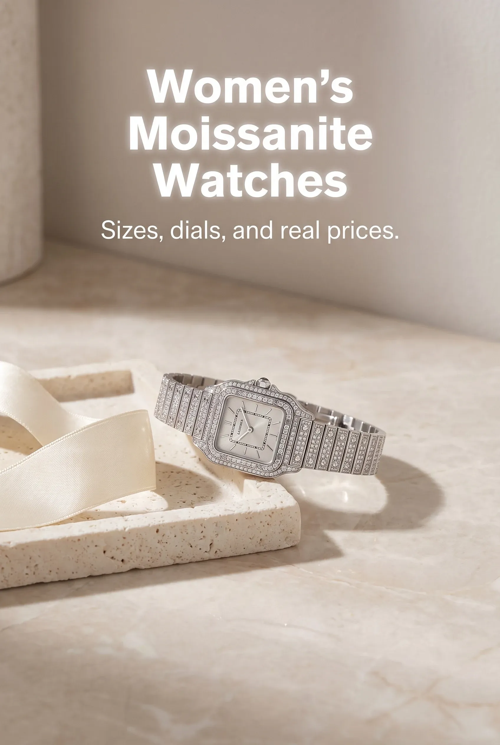 Hero with Women’s Moissanite Watches over a square stone-set watch, pale vanity tray, silk ribbon, and soft morning light.