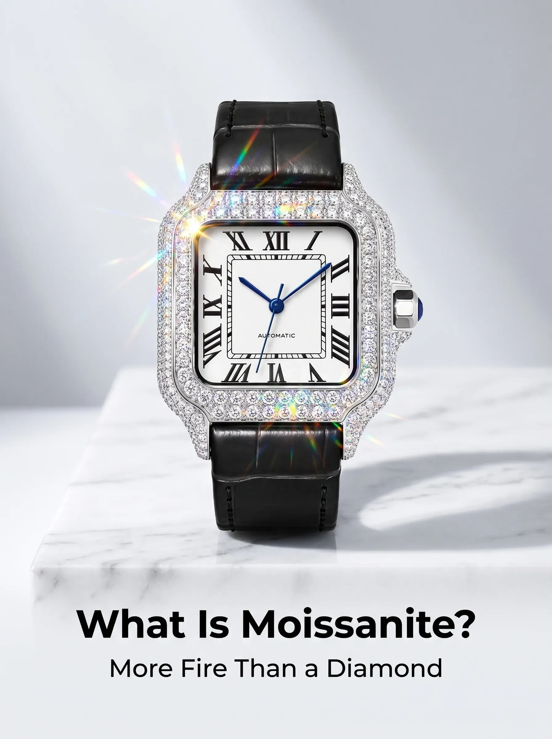 White dial watch with a moissanite-set case on a marble block, rainbow flares spilling from its bezel
