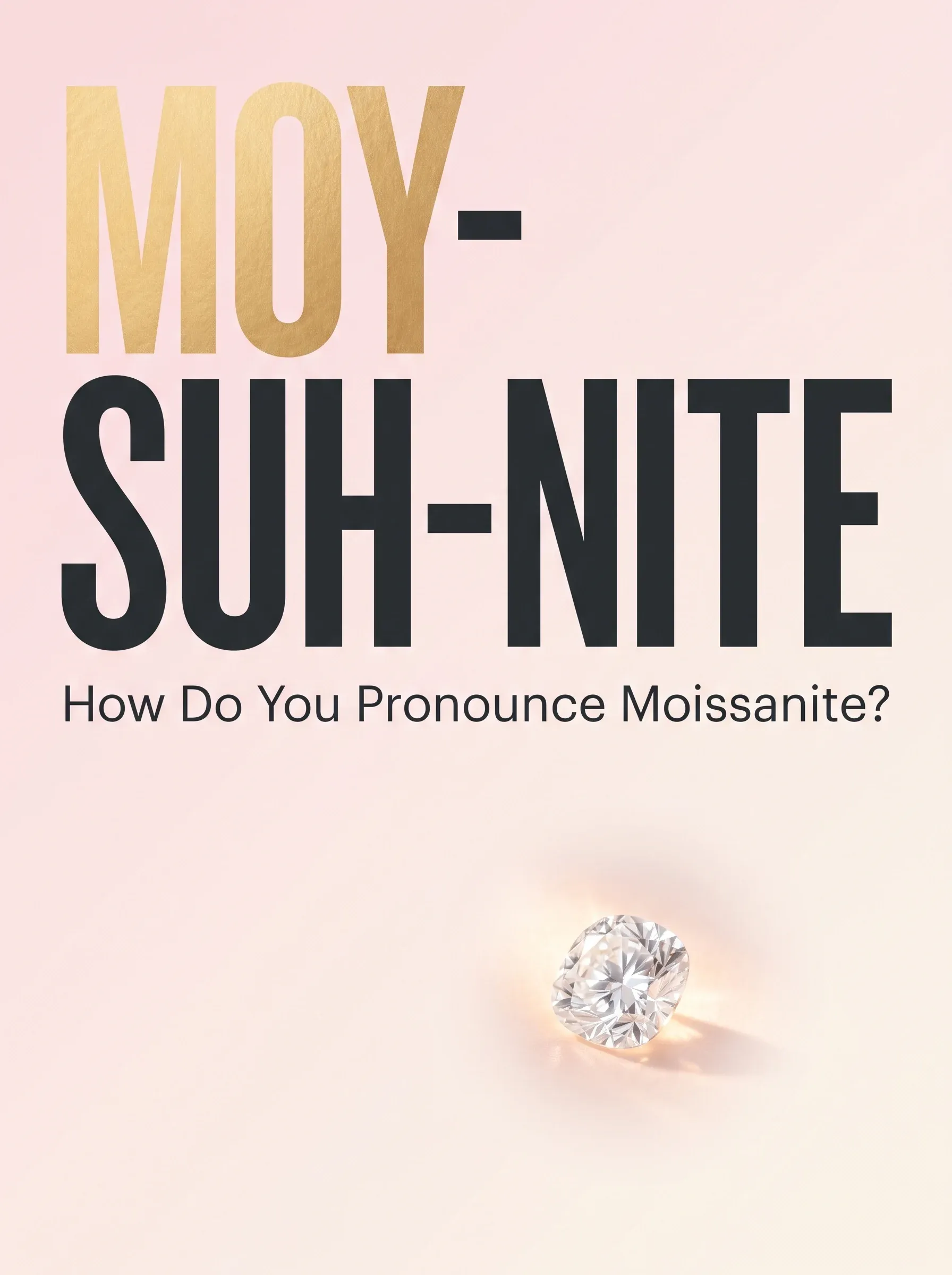 Typographic card spelling out moy, suh, nite in tall letters above a small cushion-cut stone
