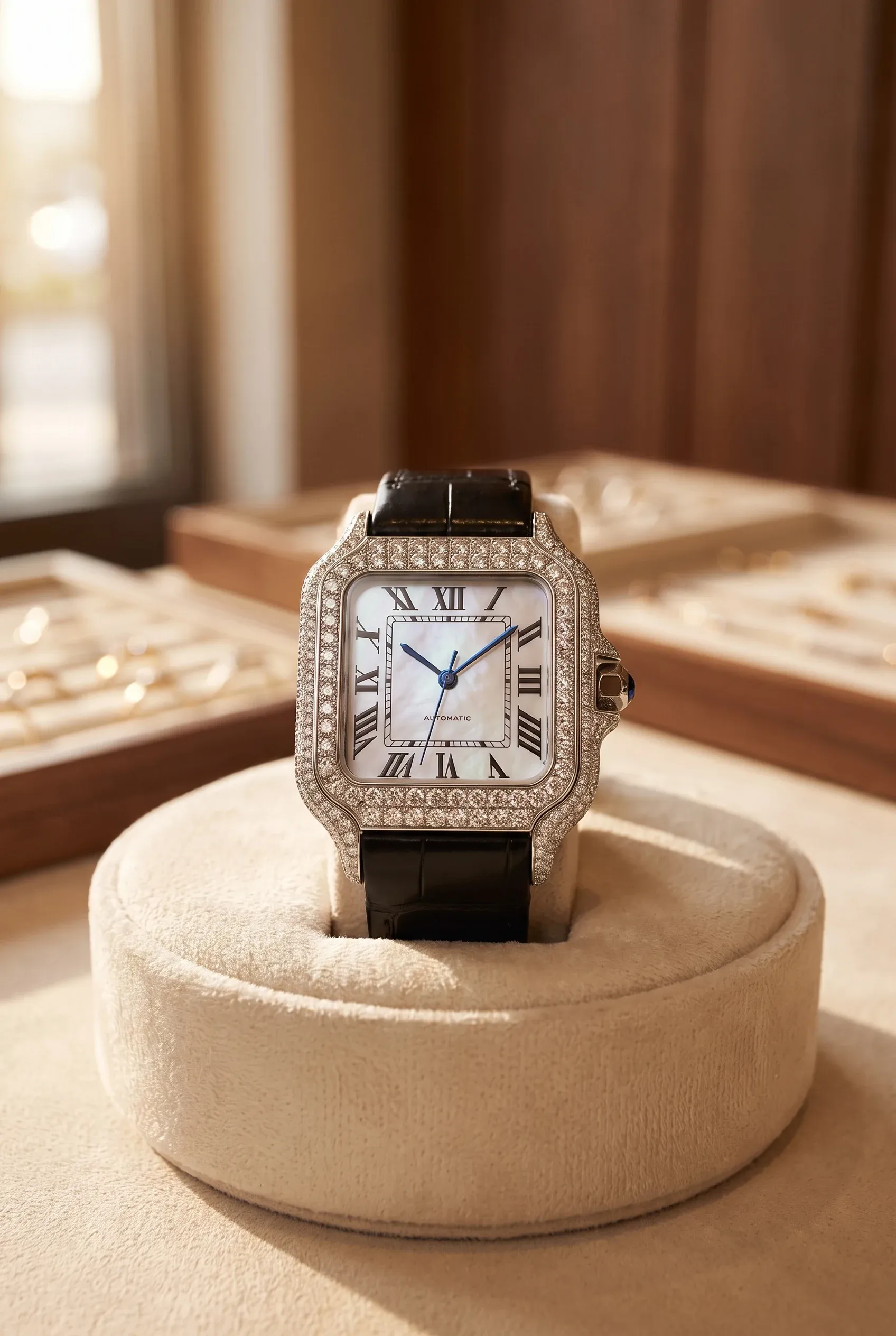 Pavé-set watch with a pearl dial displayed on a cream suede cushion inside a sunlit boutique showcase