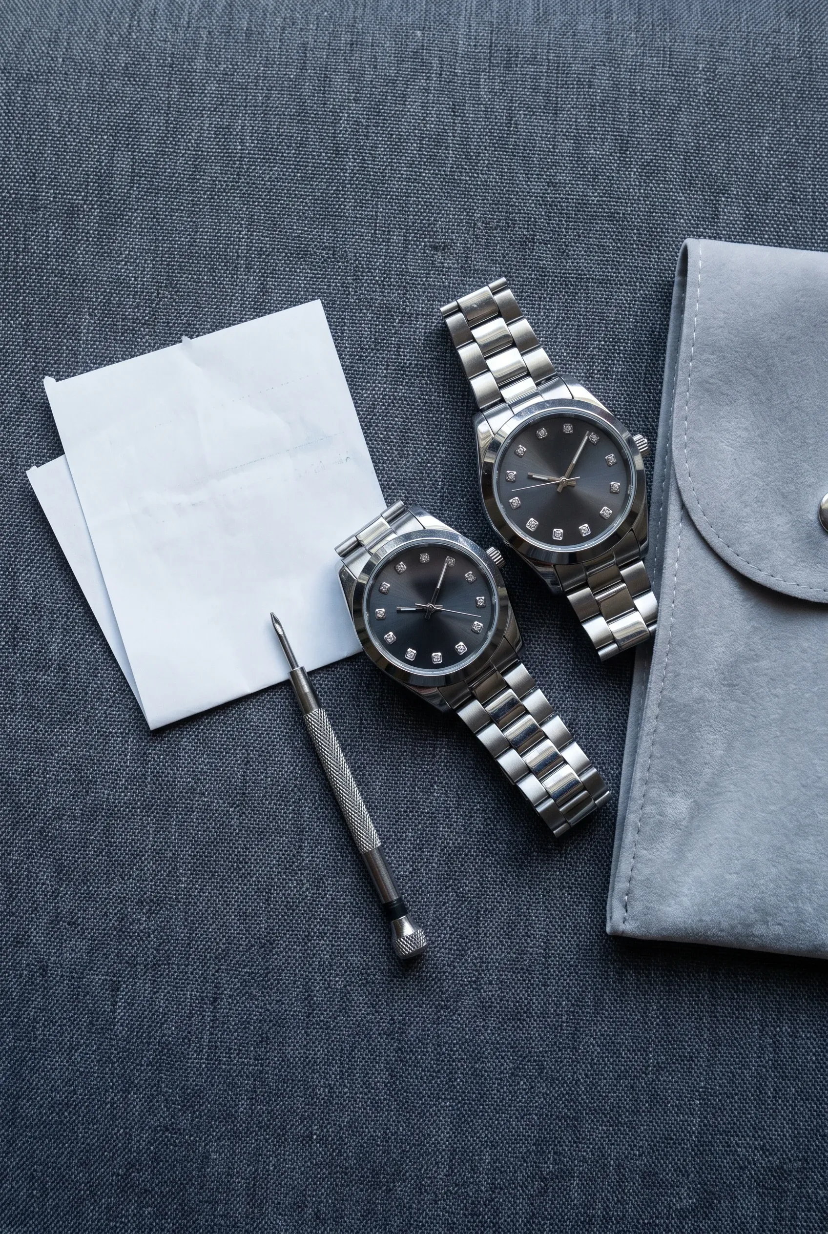 Two stone-set watches in a flat lay with accessories on a dark surface under cool light.